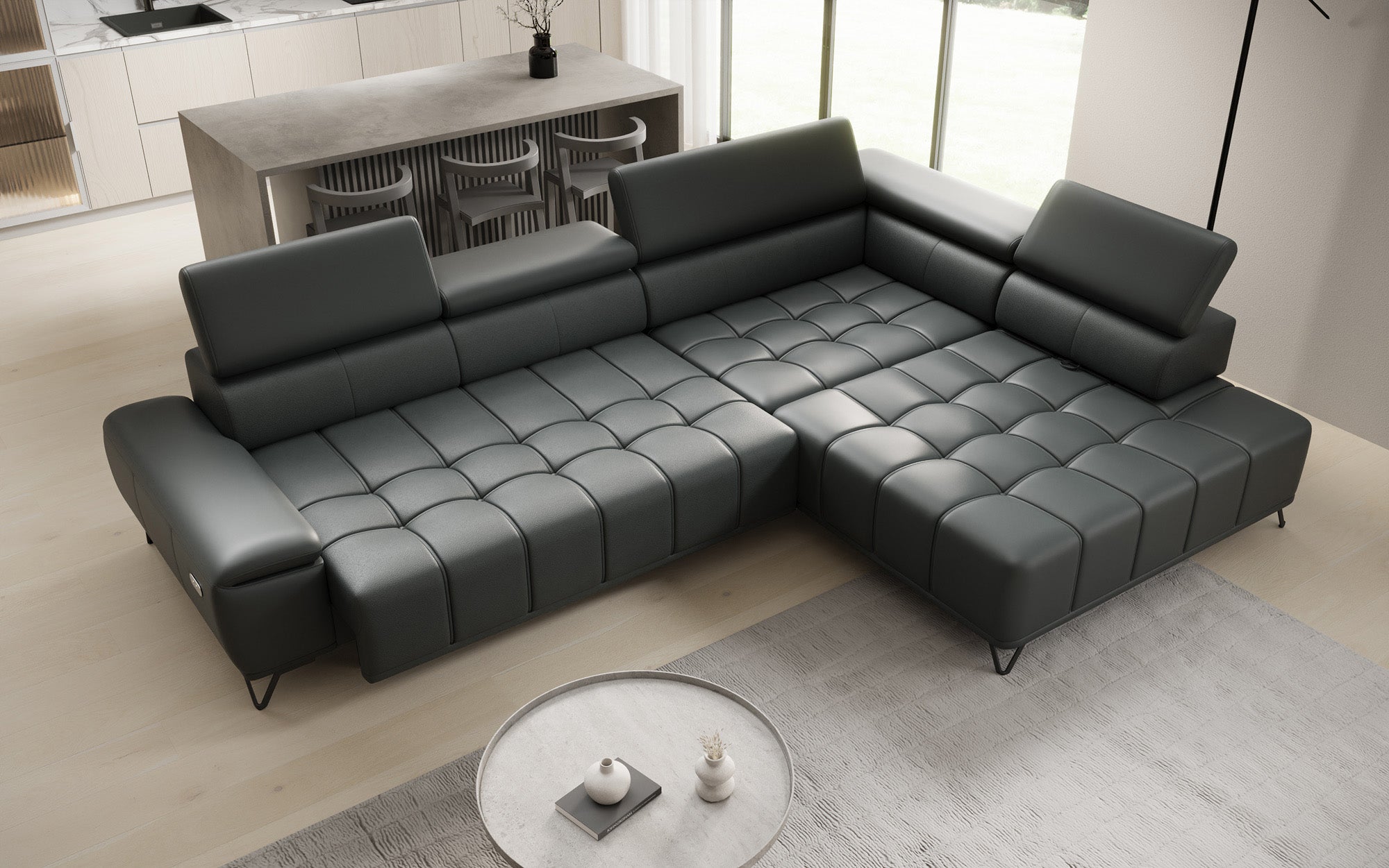 Designer L Sofa Selora med elektrisk sovefunktion og justerbar rygstøtte i ægte læder