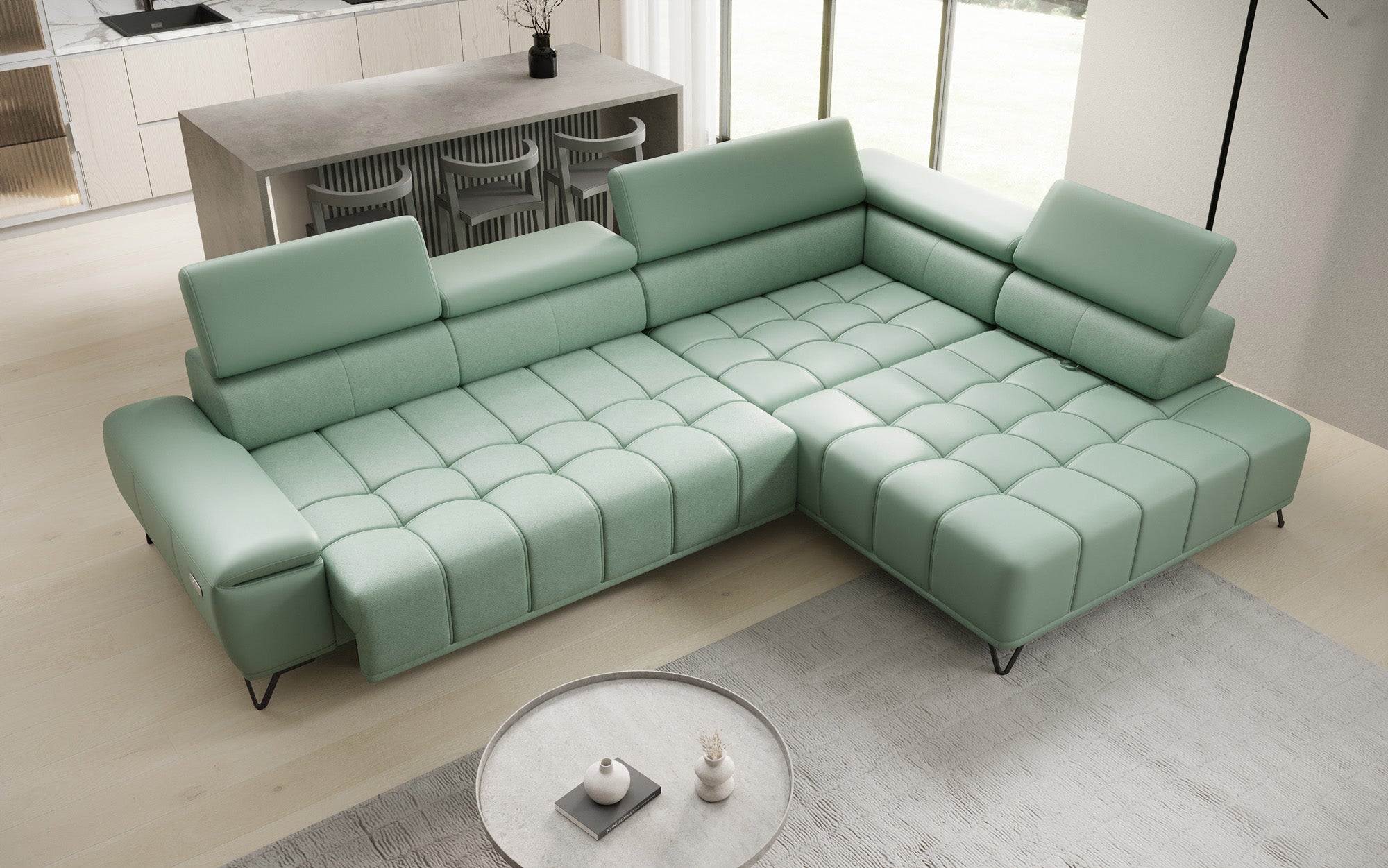 Designer L Sofa Selora med elektrisk sovefunktion og justerbar rygstøtte i ægte læder