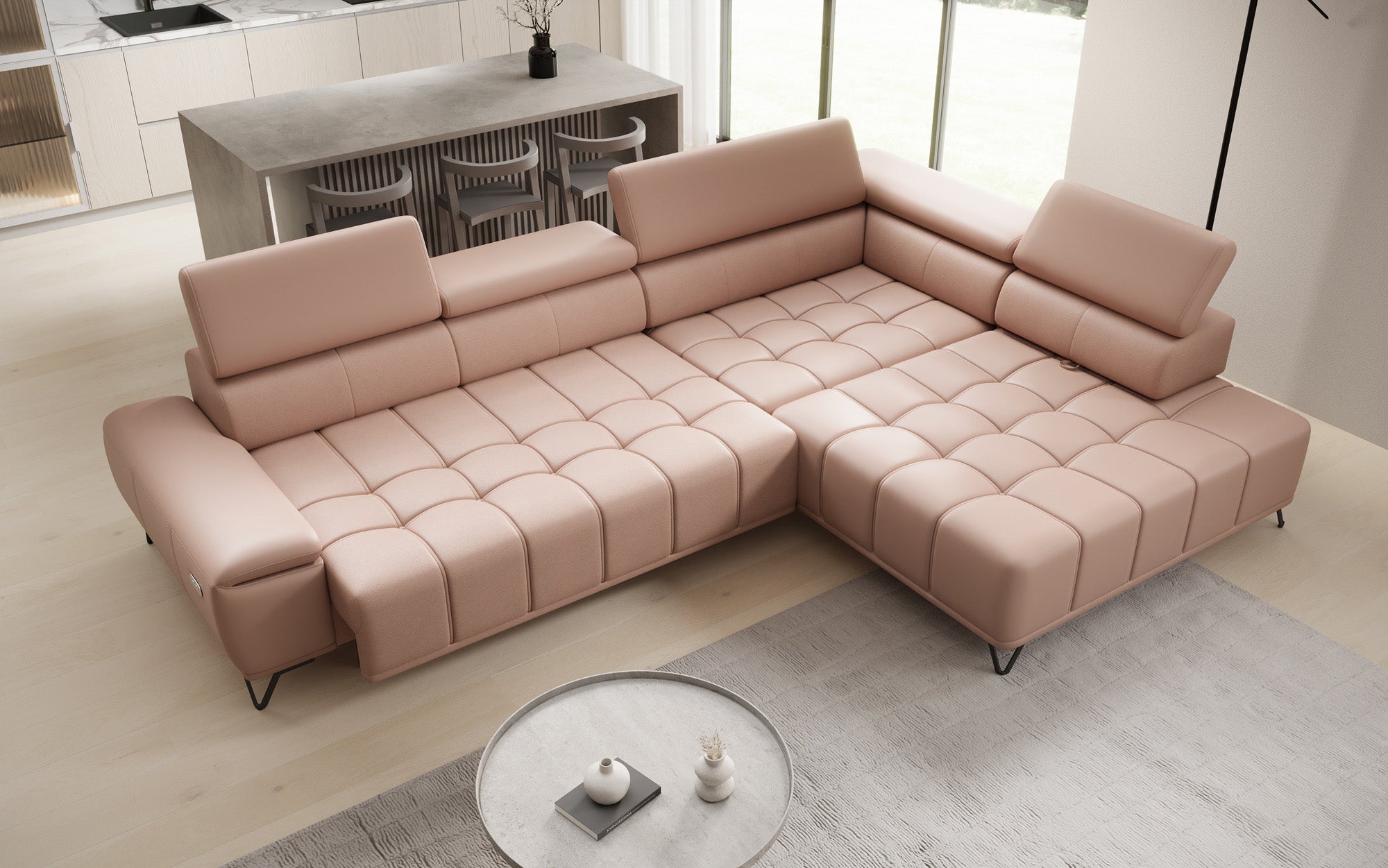 Designer L Sofa Selora med elektrisk sovefunktion og justerbar rygstøtte i ægte læder