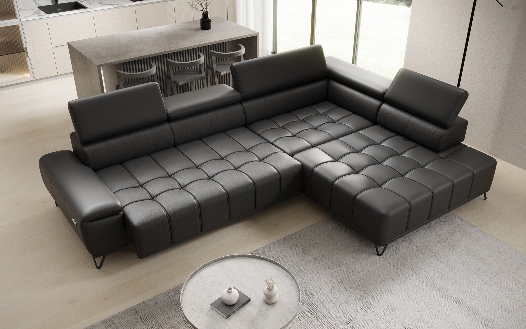 Designer L Sofa Selora med elektrisk sovefunktion og justerbar rygstøtte i ægte læder