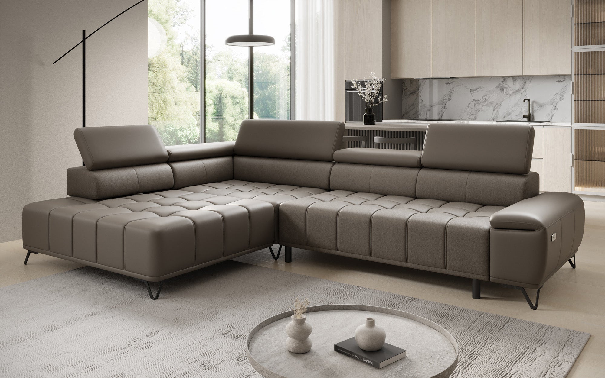 Designer L Sofa Selora med elektrisk sovefunktion og justerbar rygstøtte i ægte læder