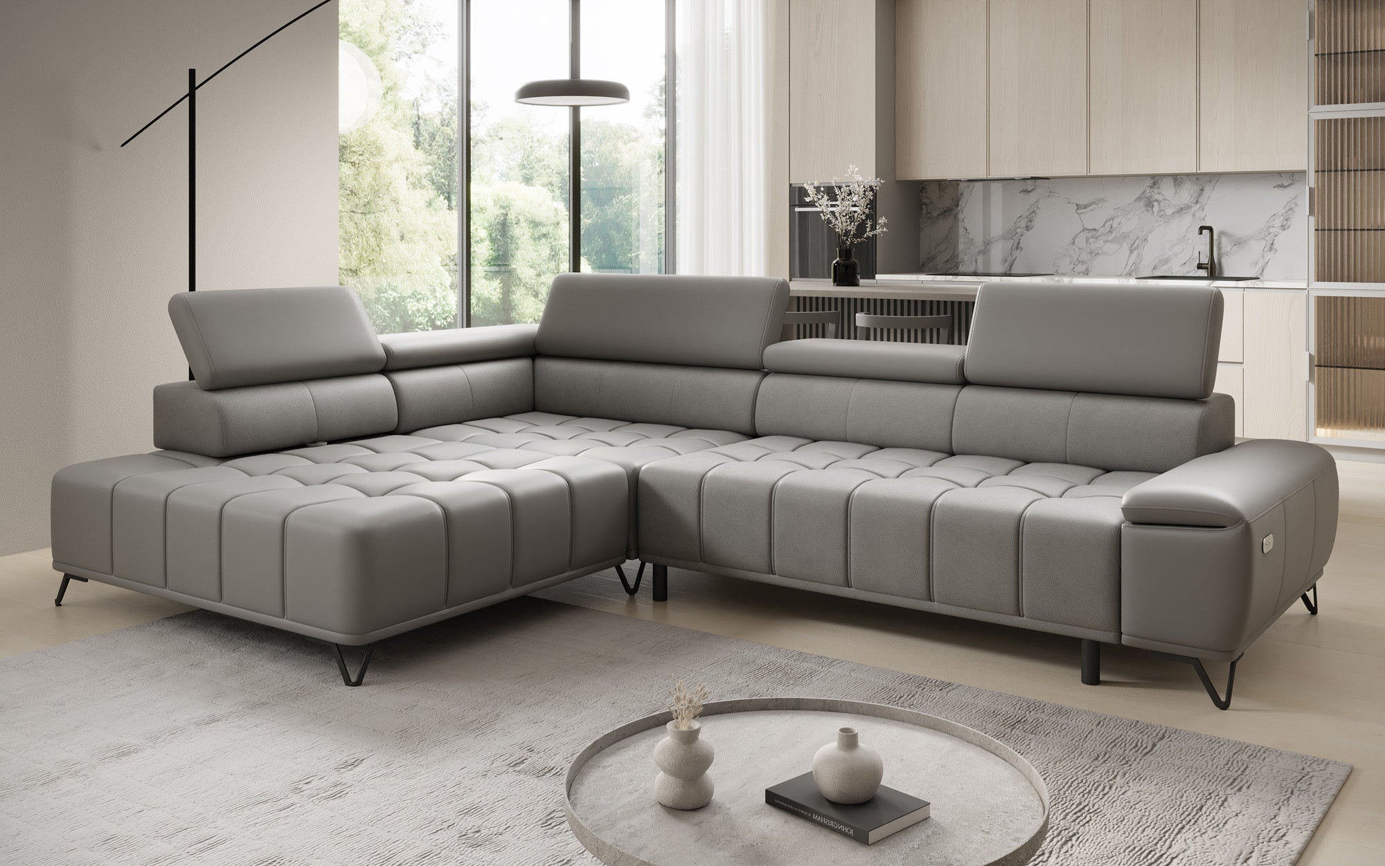 Designer L Sofa Selora med elektrisk sovefunktion og justerbar rygstøtte i ægte læder