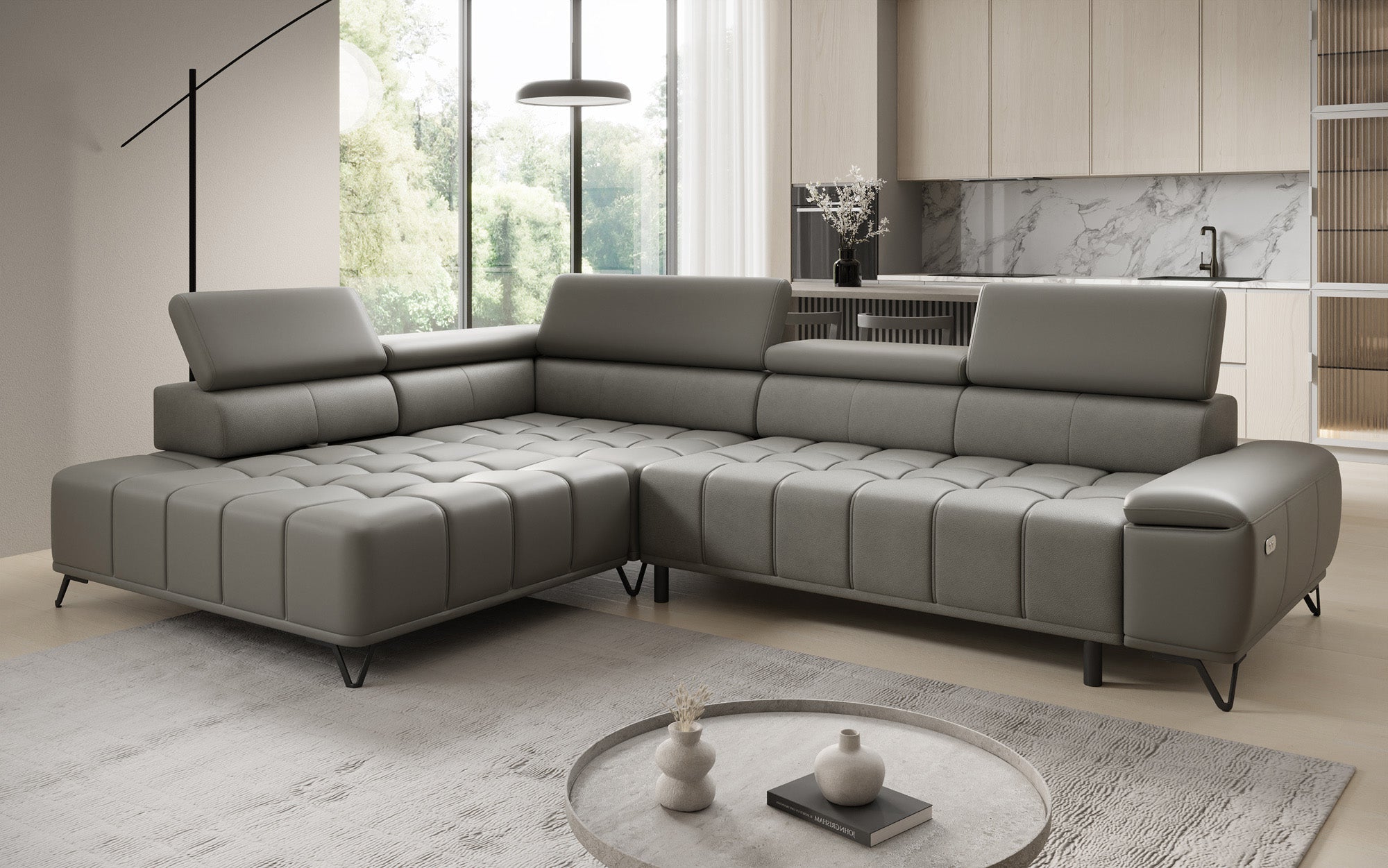 Designer L Sofa Selora med elektrisk sovefunktion og justerbar rygstøtte i ægte læder