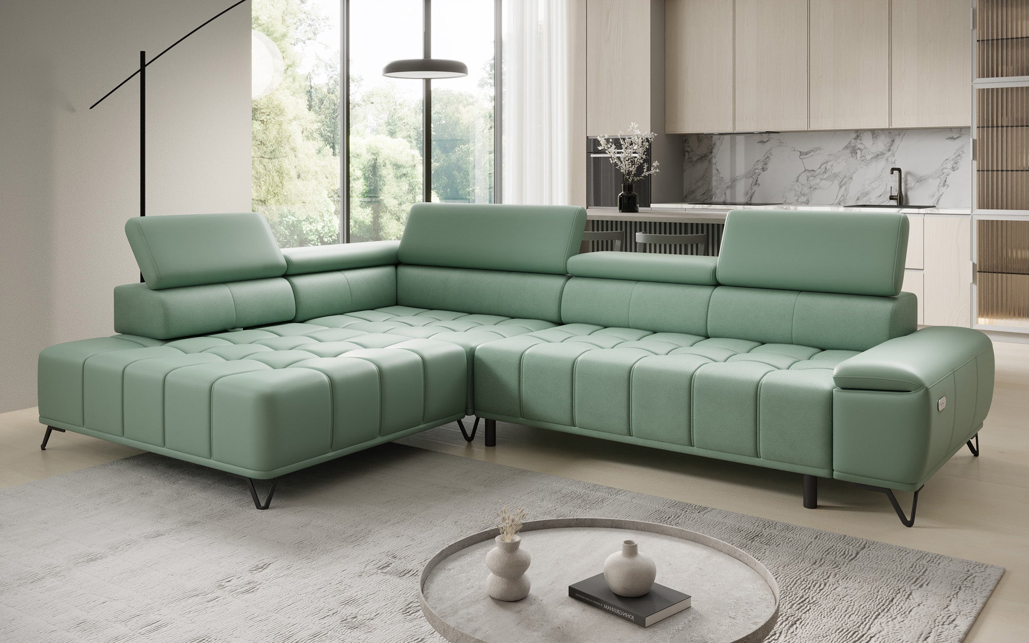 Designer L Sofa Selora med elektrisk sovefunktion og justerbar rygstøtte i ægte læder