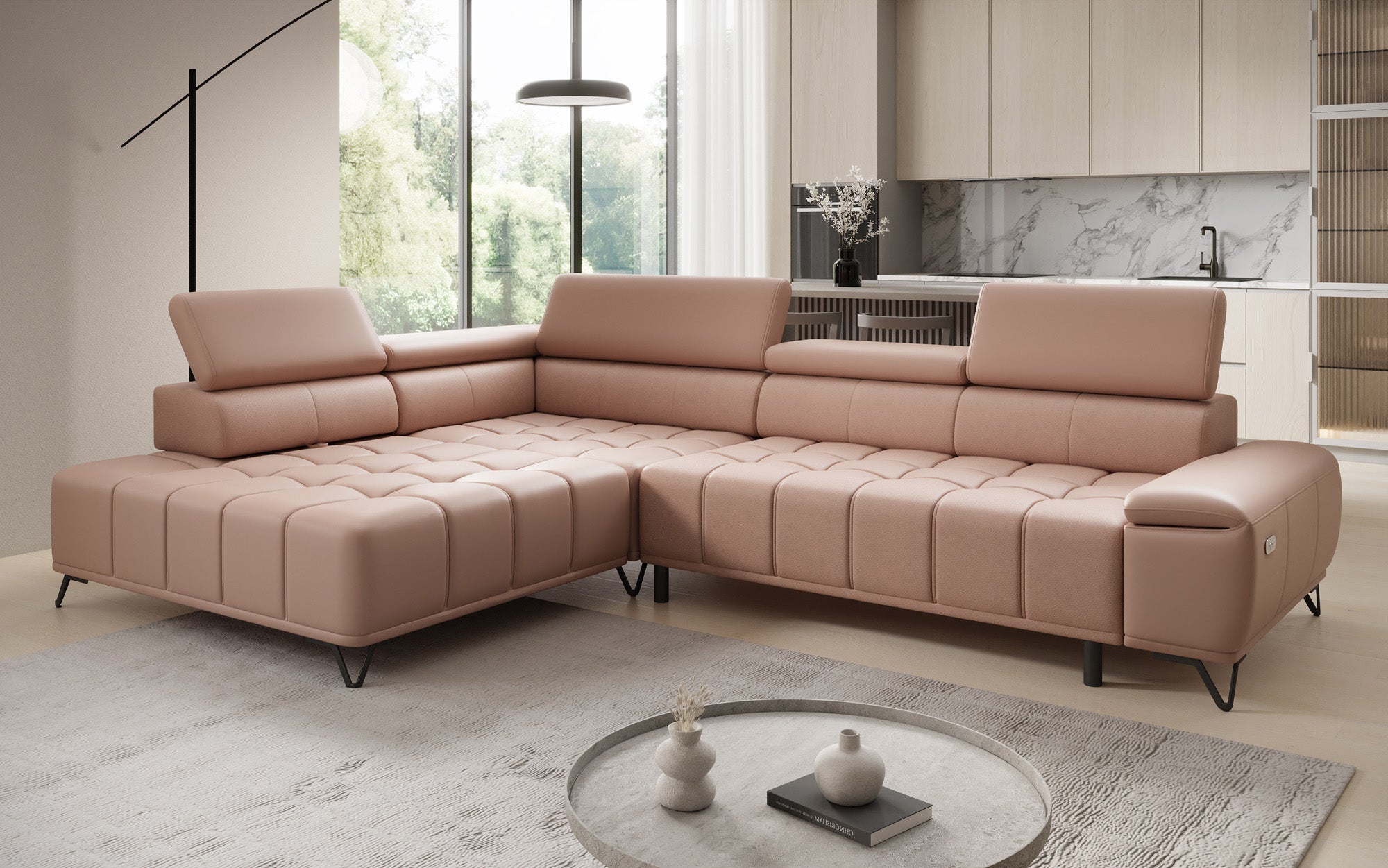 Designer L Sofa Selora med elektrisk sovefunktion og justerbar rygstøtte i ægte læder