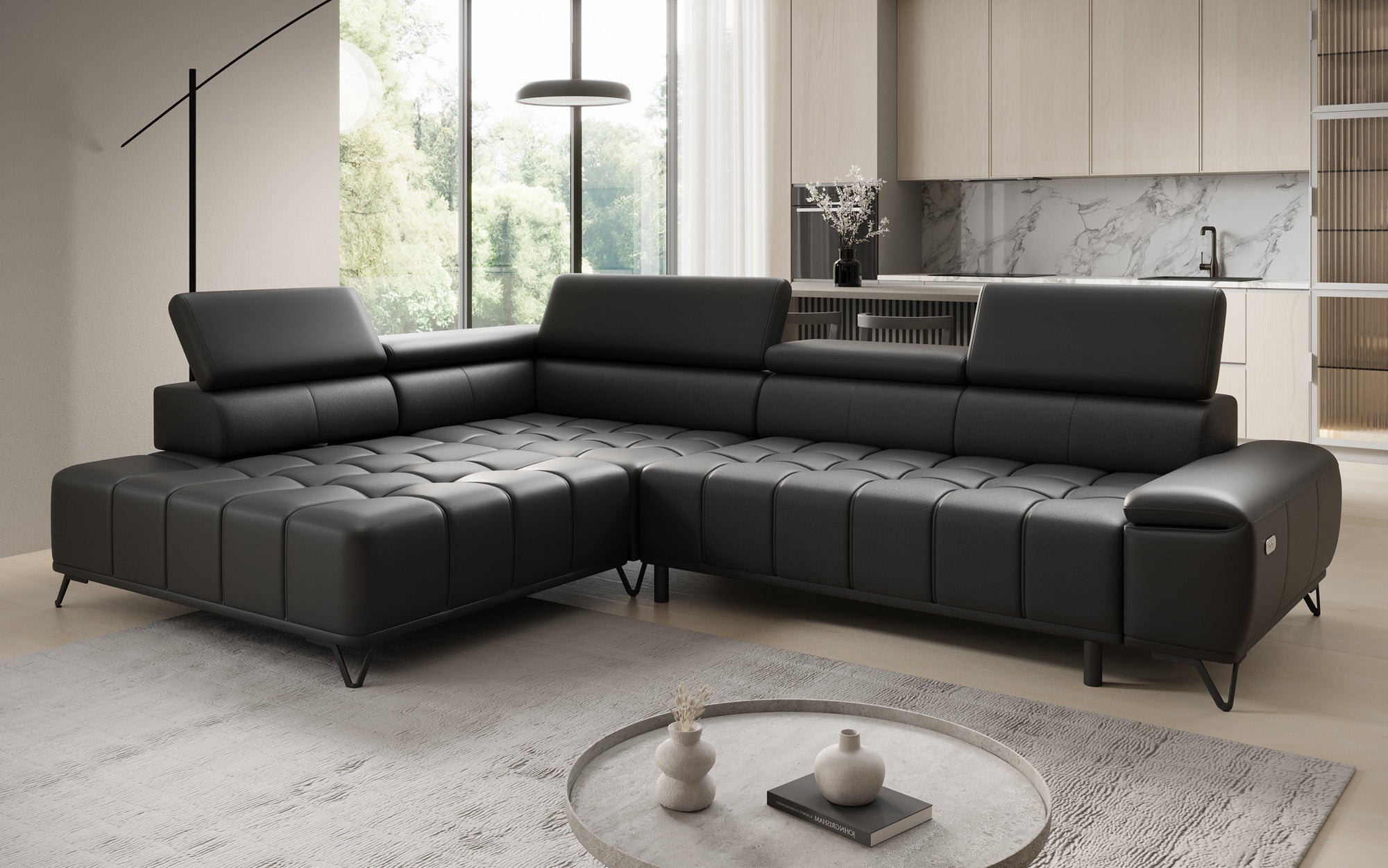 Designer L Sofa Selora med elektrisk sovefunktion og justerbar rygstøtte i ægte læder
