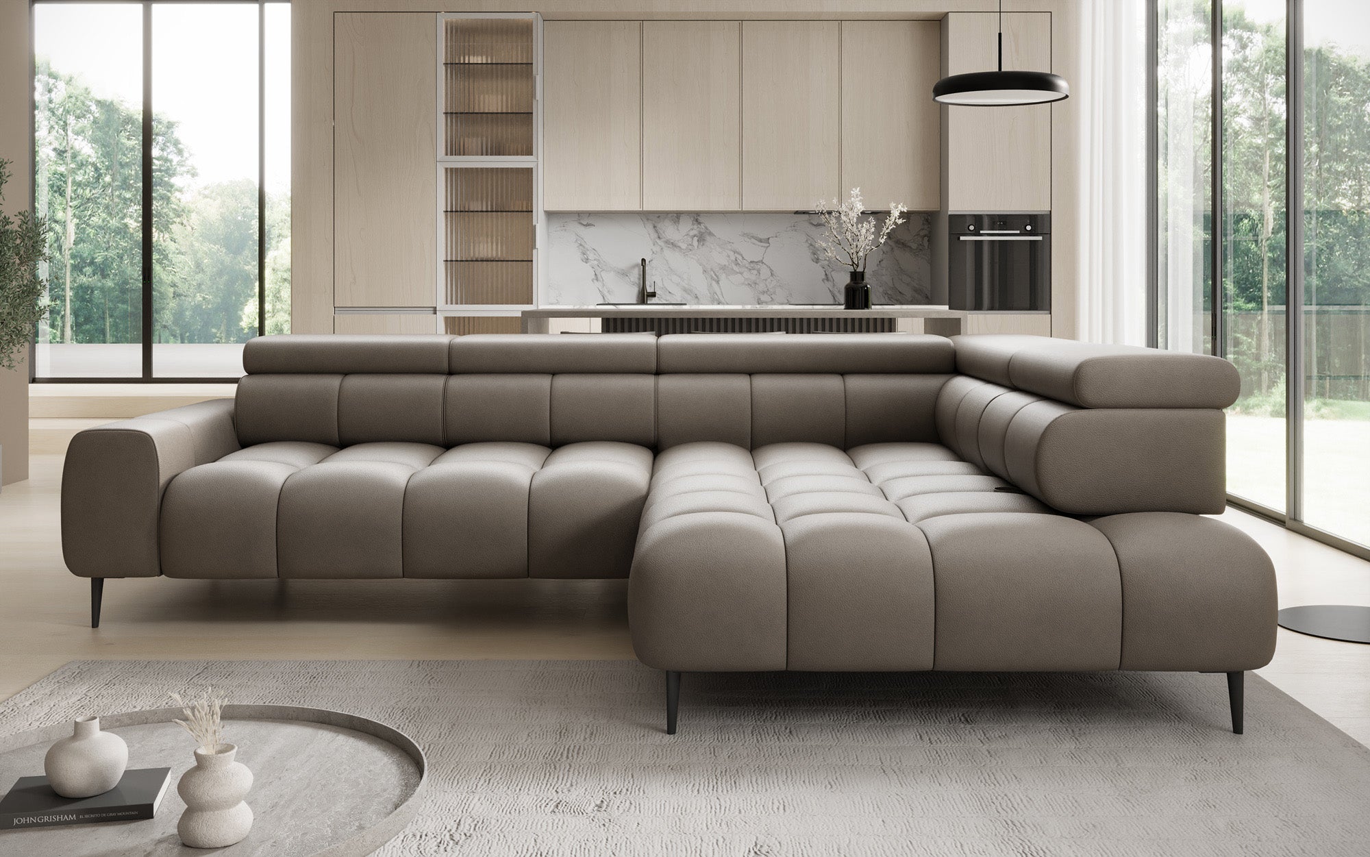 Designer Sofa Ceora L med elektrisk sovefunktion og justerbar rygstøtte i ægte læder