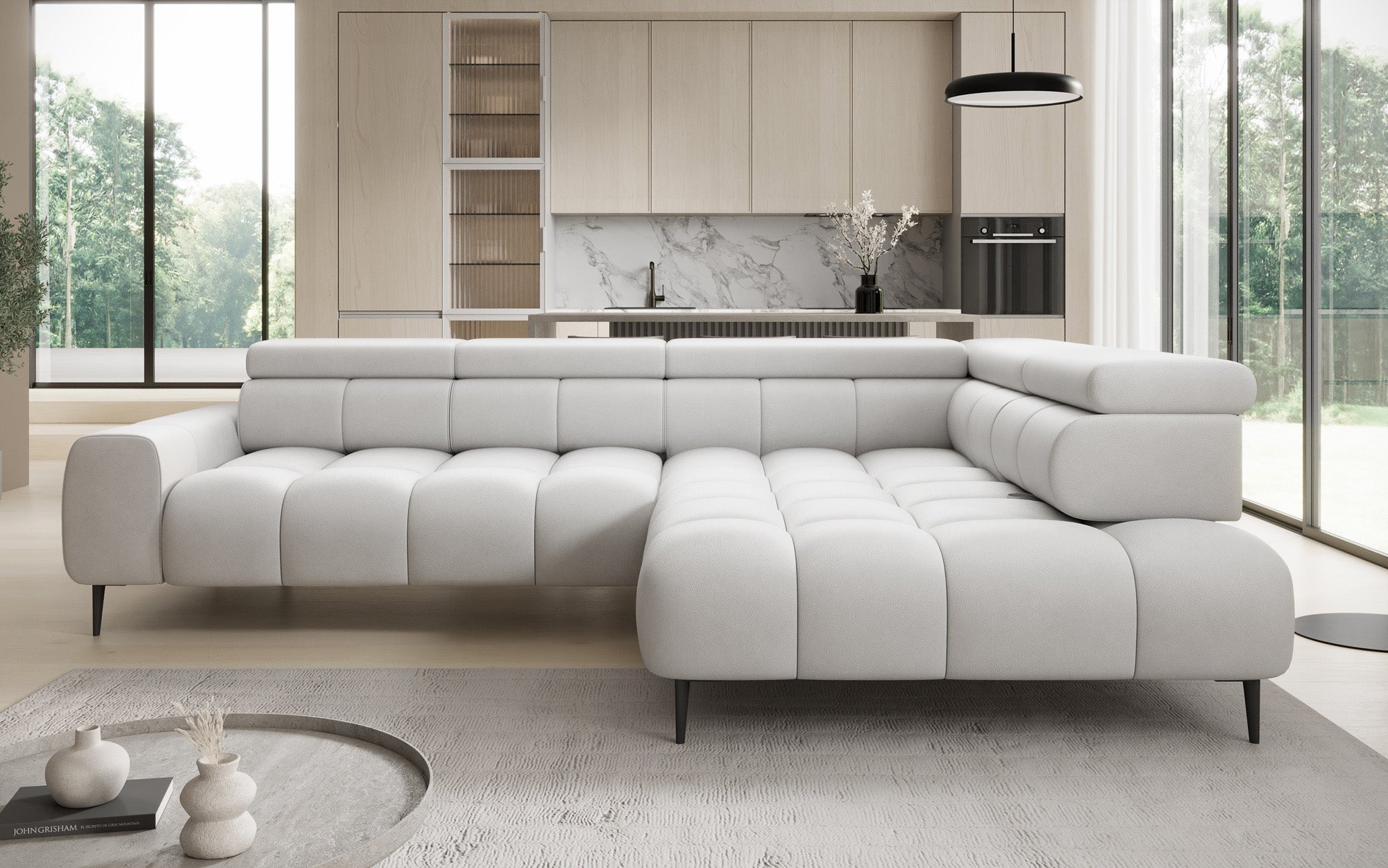 Designer Sofa Ceora L med elektrisk sovefunktion og justerbar rygstøtte i ægte læder