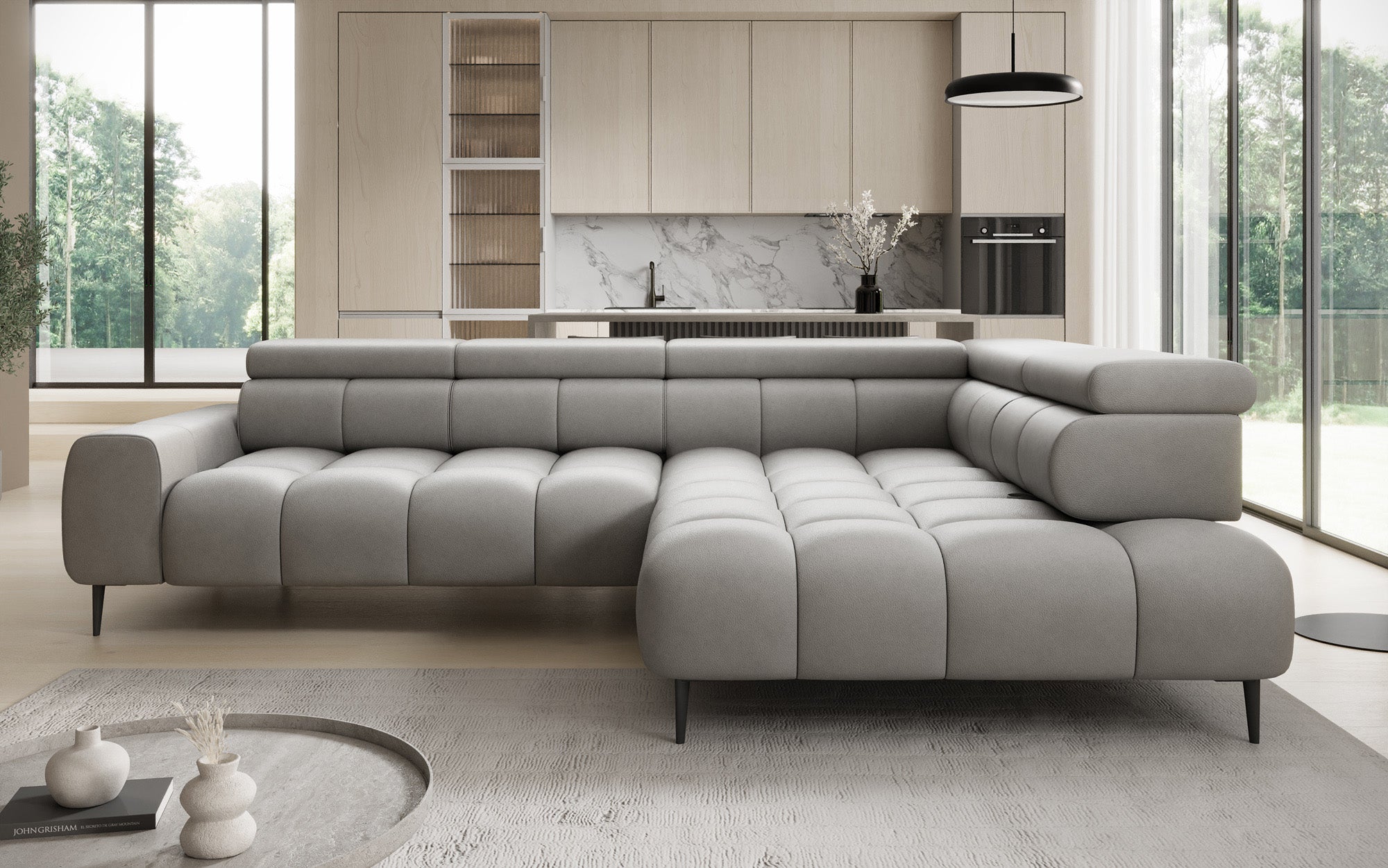Designer Sofa Ceora L med elektrisk sovefunktion og justerbar rygstøtte i ægte læder