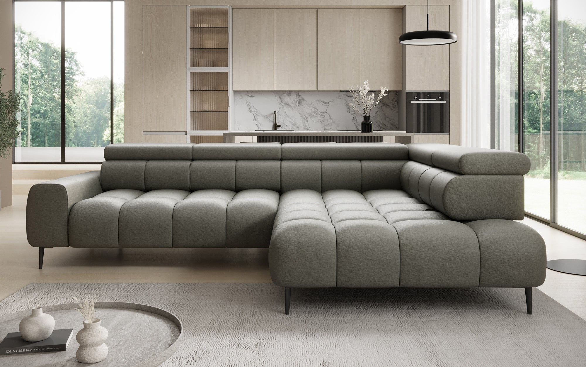 Designer Sofa Ceora L med elektrisk sovefunktion og justerbar rygstøtte i ægte læder