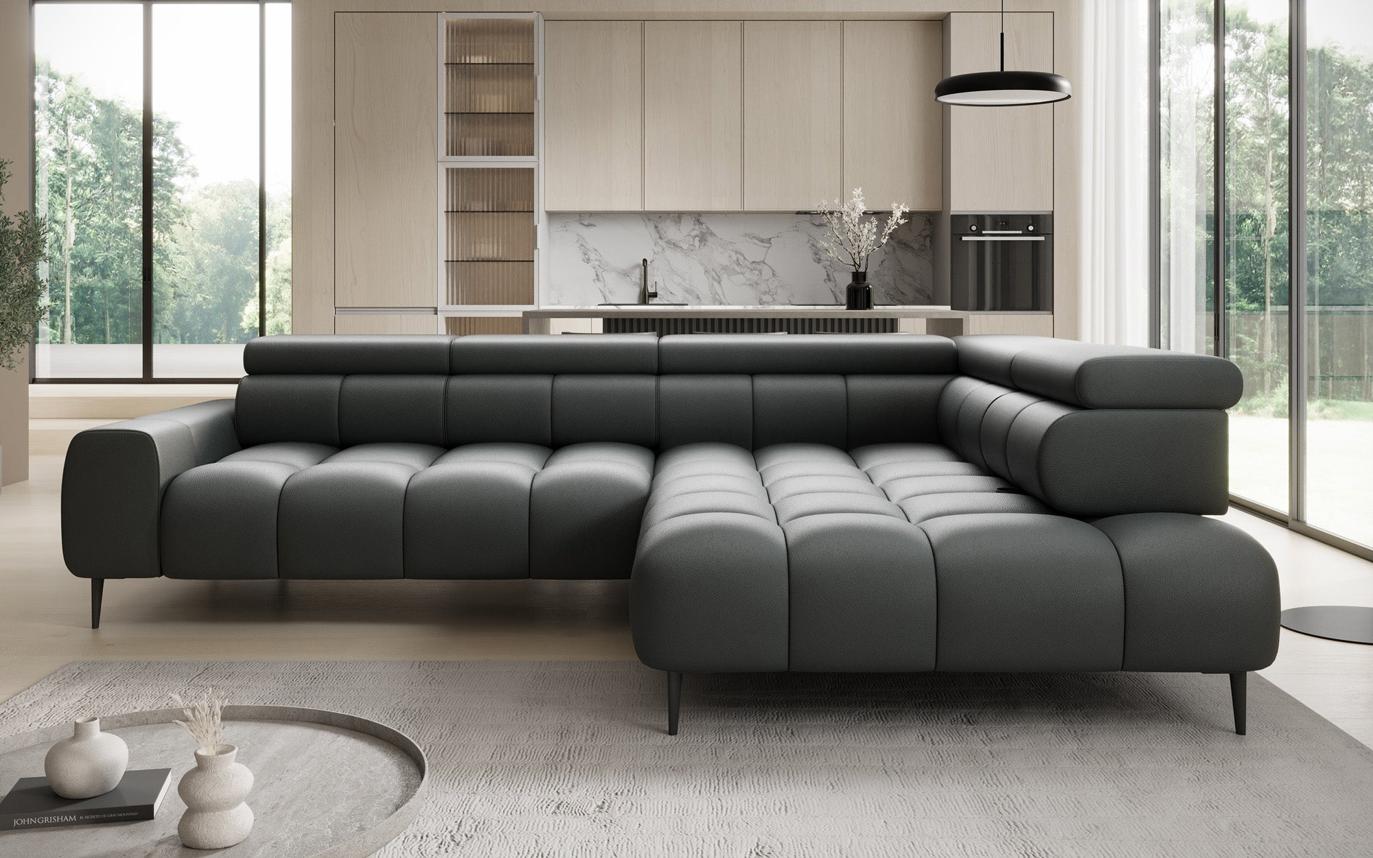 Designer Sofa Ceora L med elektrisk sovefunktion og justerbar rygstøtte i ægte læder