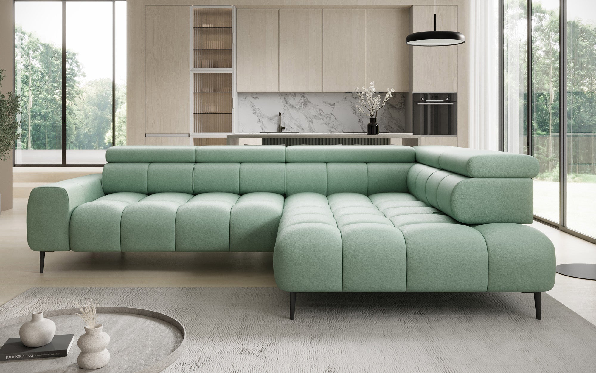 Designer Sofa Ceora L med elektrisk sovefunktion og justerbar rygstøtte i ægte læder