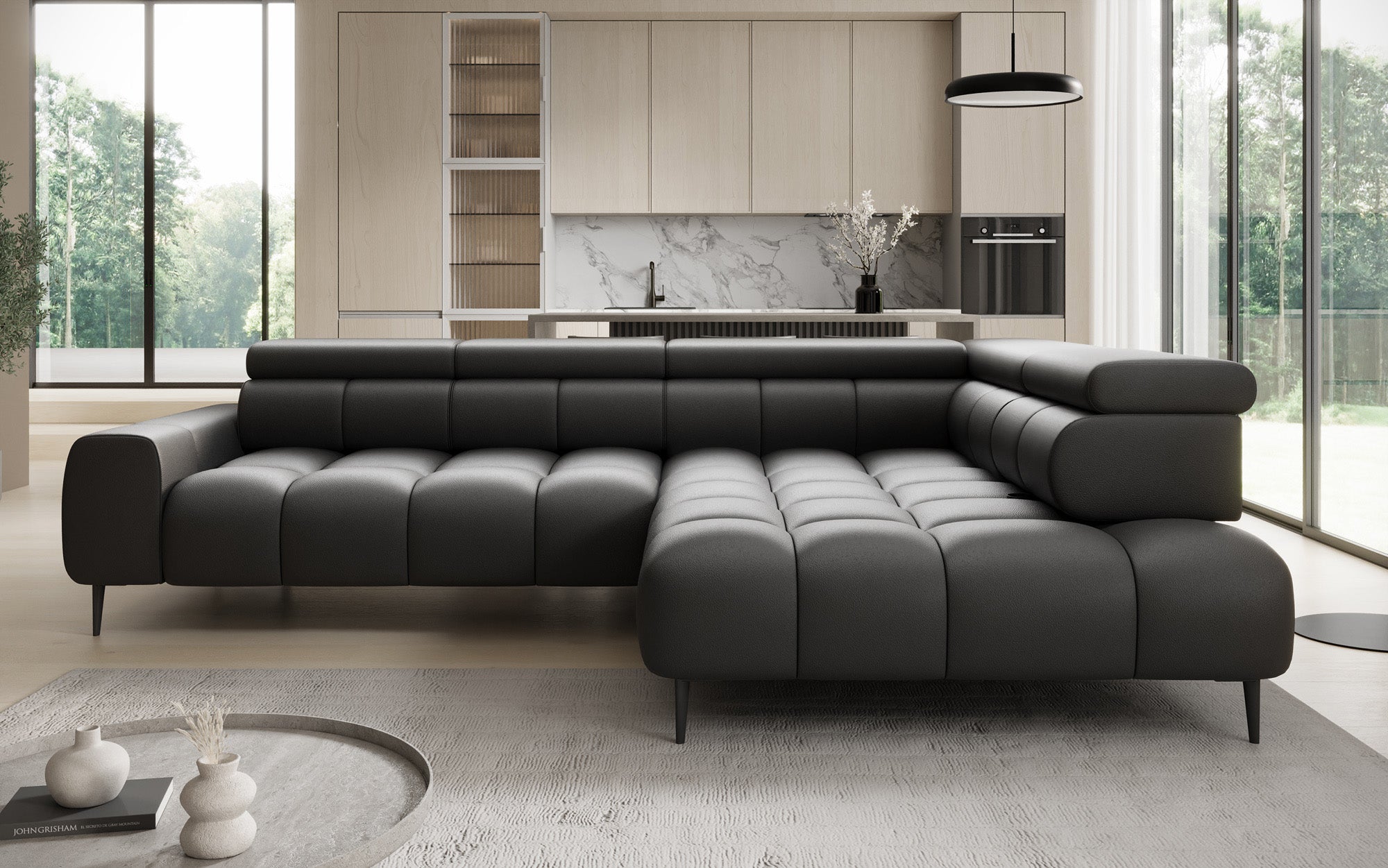 Designer Sofa Ceora L med elektrisk sovefunktion og justerbar rygstøtte i ægte læder