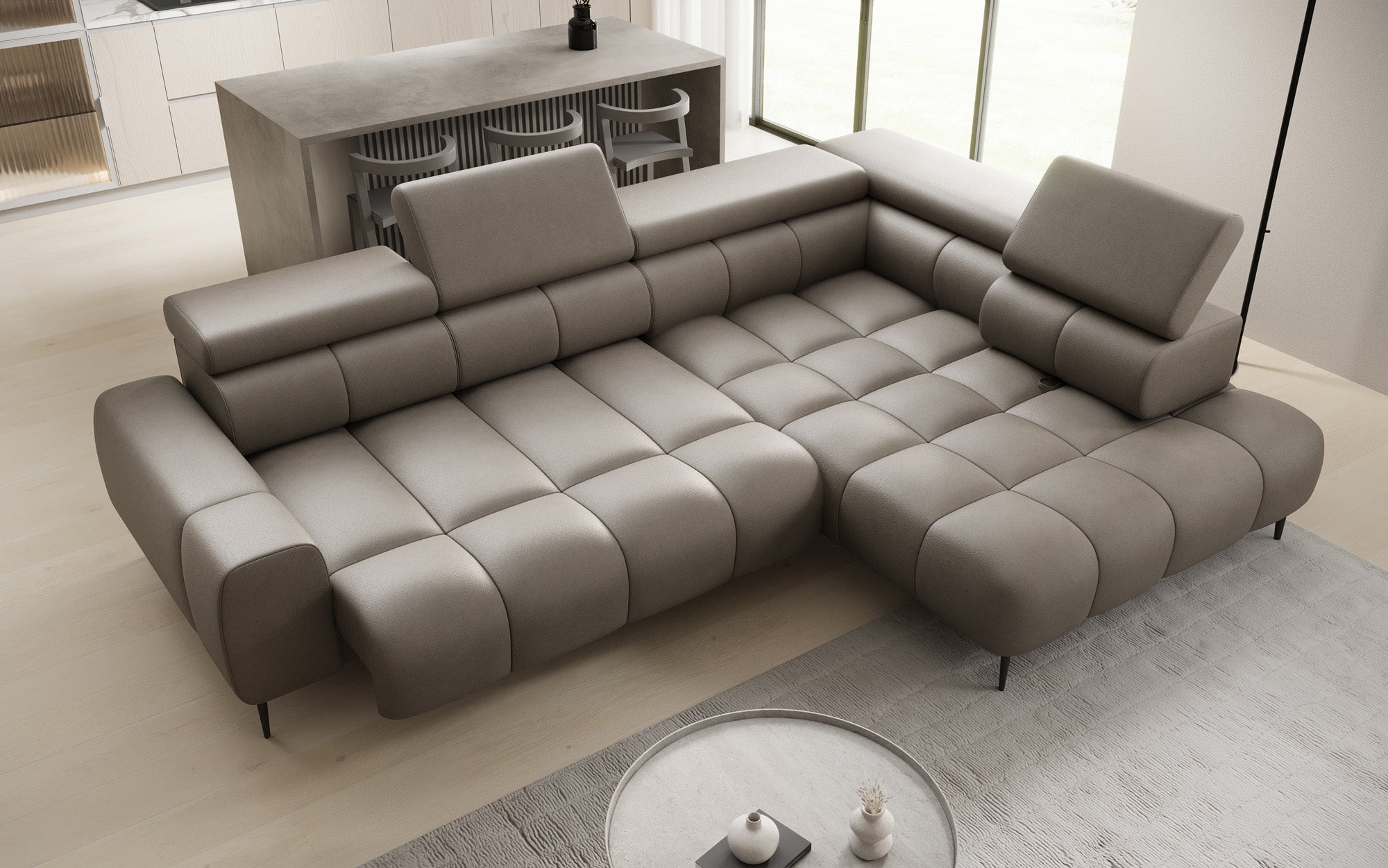 Designer Sofa Ceora L med elektrisk sovefunktion og justerbar rygstøtte i ægte læder