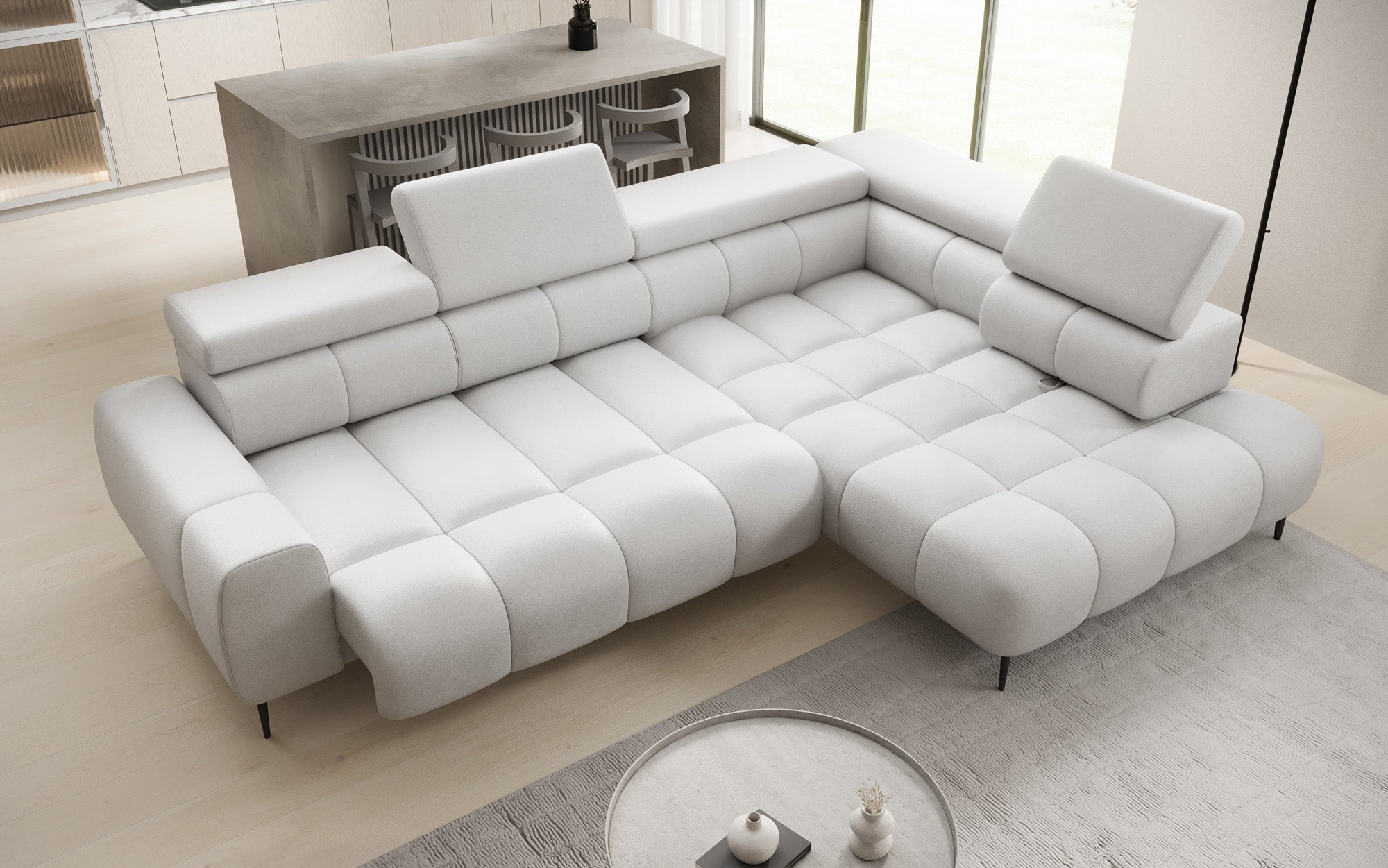 Designer Sofa Ceora L med elektrisk sovefunktion og justerbar rygstøtte i ægte læder
