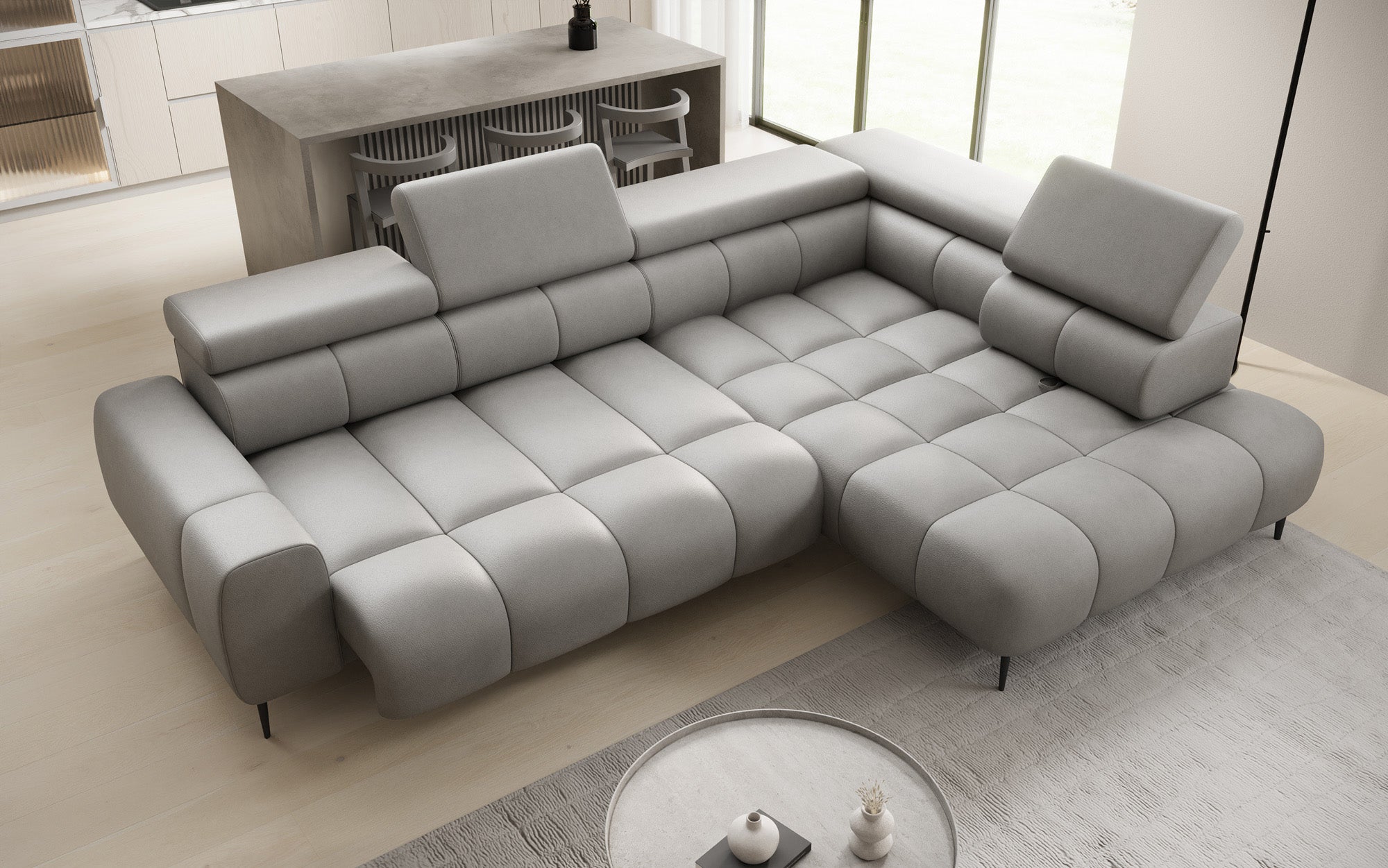 Designer Sofa Ceora L med elektrisk sovefunktion og justerbar rygstøtte i ægte læder