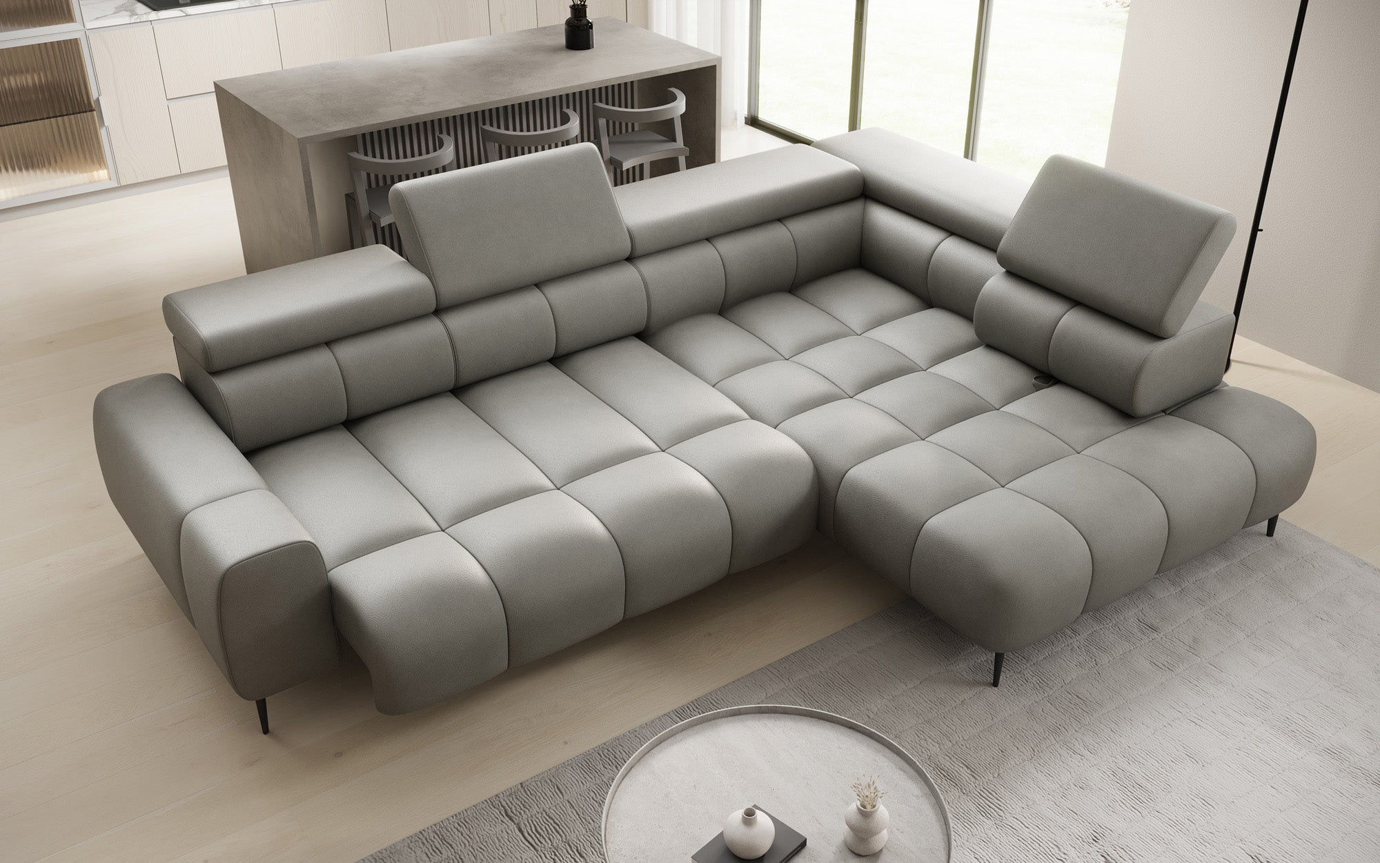 Designer Sofa Ceora L med elektrisk sovefunktion og justerbar rygstøtte i ægte læder