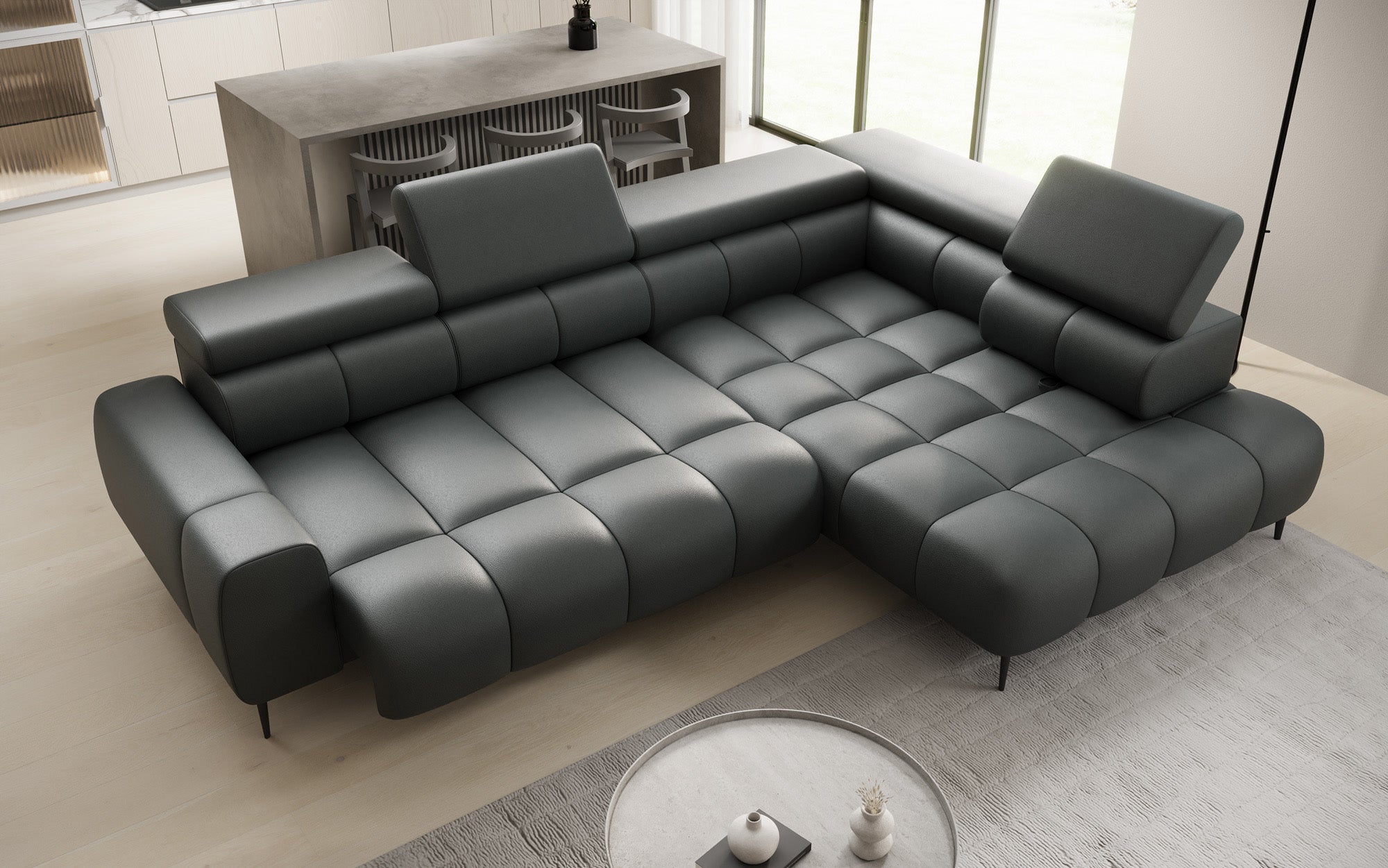 Designer Sofa Ceora L med elektrisk sovefunktion og justerbar rygstøtte i ægte læder