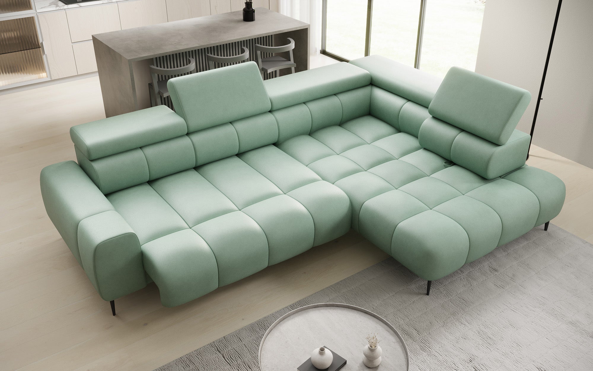 Designer Sofa Ceora L med elektrisk sovefunktion og justerbar rygstøtte i ægte læder