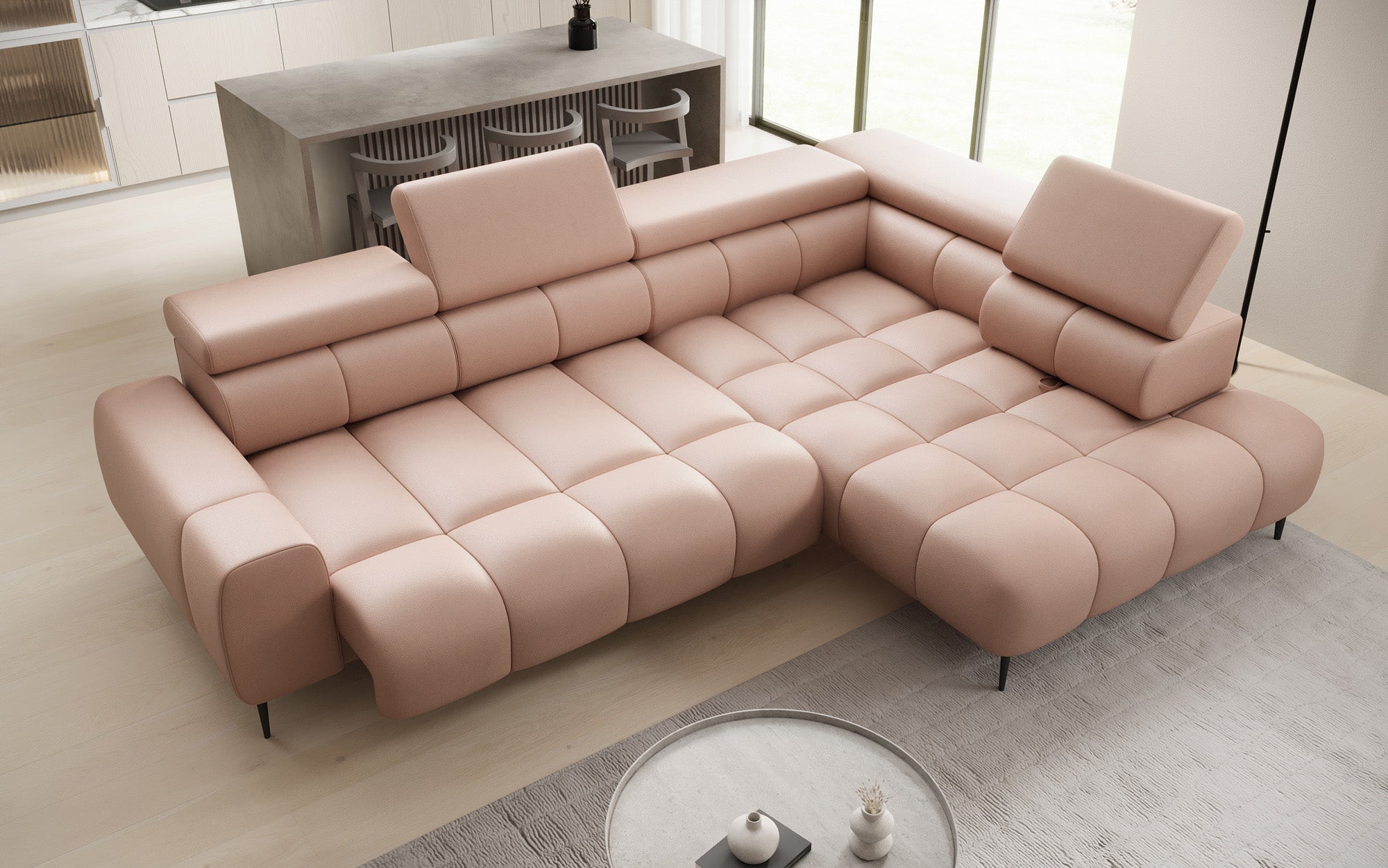 Designer Sofa Ceora L med elektrisk sovefunktion og justerbar rygstøtte i ægte læder