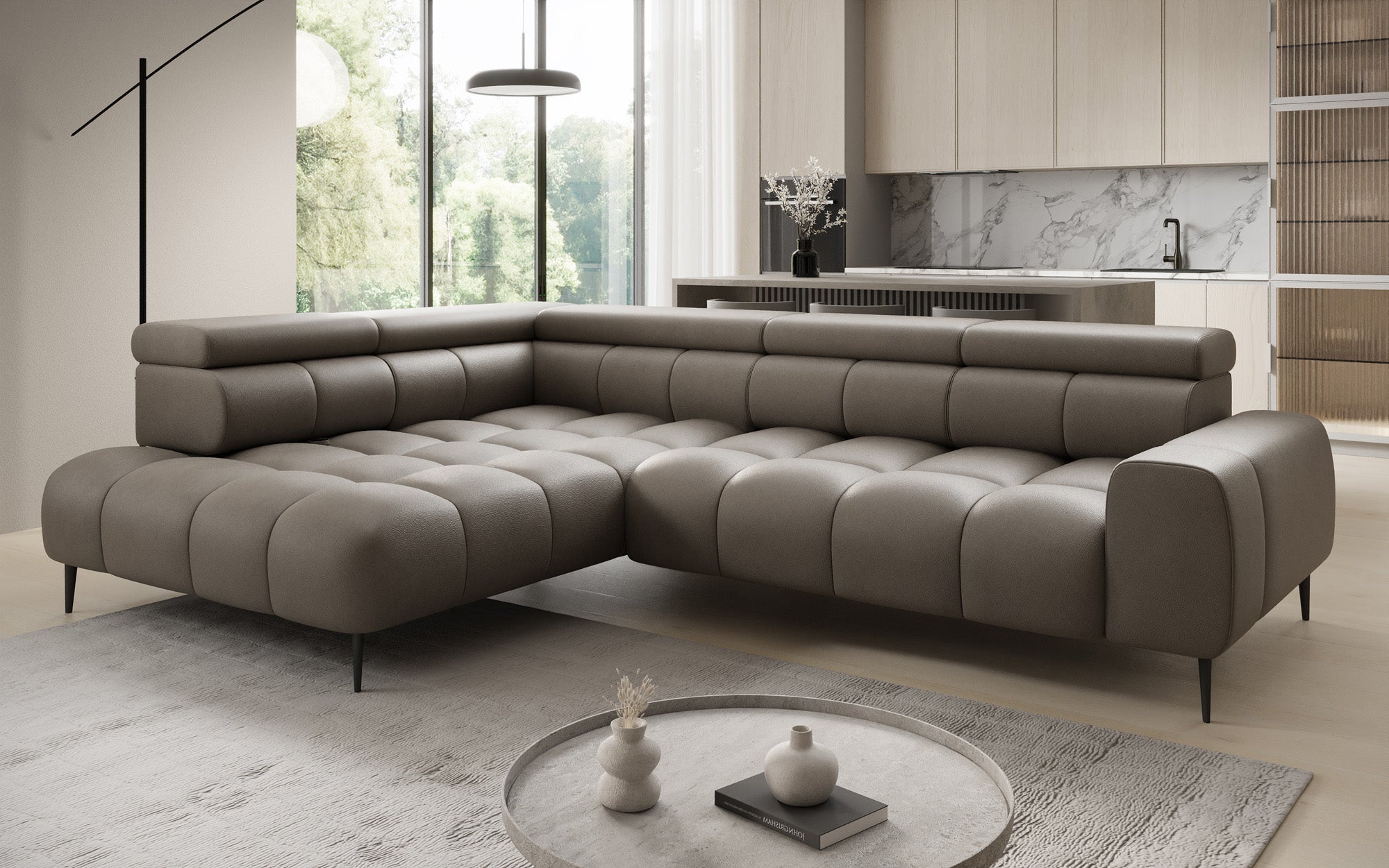 Designer Sofa Ceora L med elektrisk sovefunktion og justerbar rygstøtte i ægte læder
