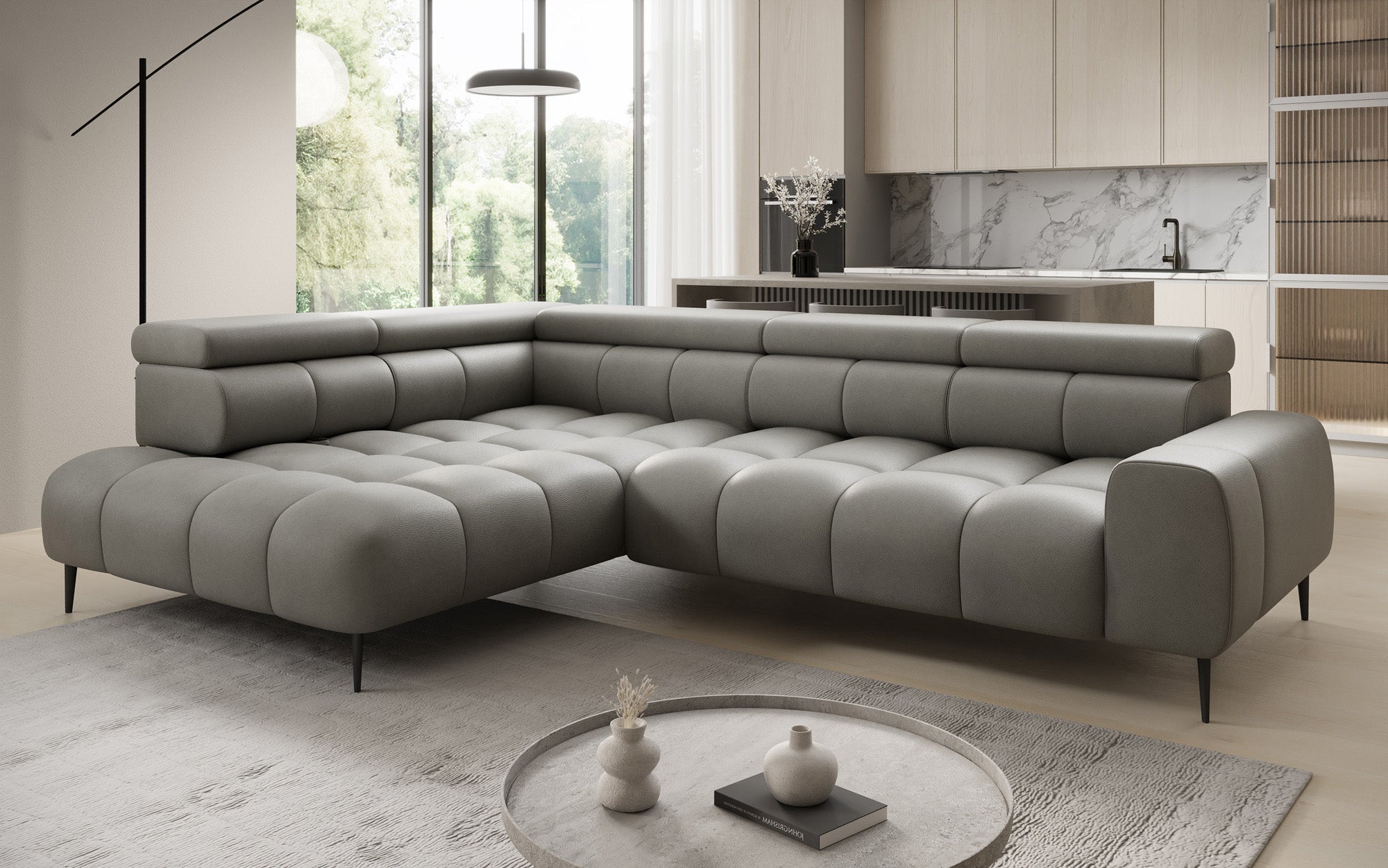 Designer Sofa Ceora L med elektrisk sovefunktion og justerbar rygstøtte i ægte læder