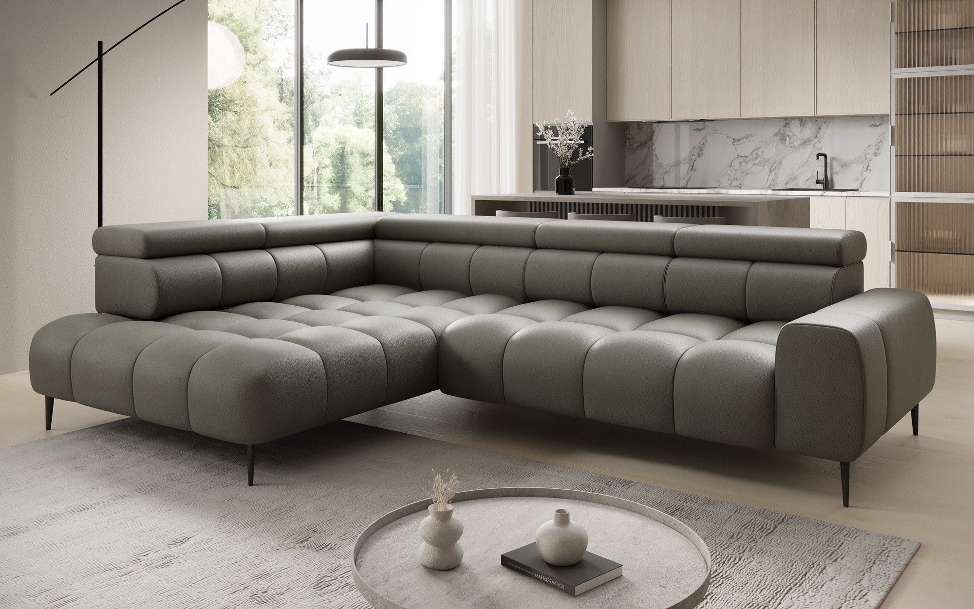 Designer Sofa Ceora L med elektrisk sovefunktion og justerbar rygstøtte i ægte læder
