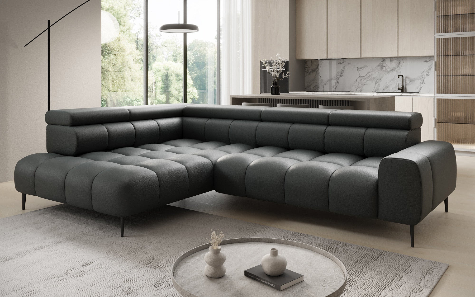 Designer Sofa Ceora L med elektrisk sovefunktion og justerbar rygstøtte i ægte læder