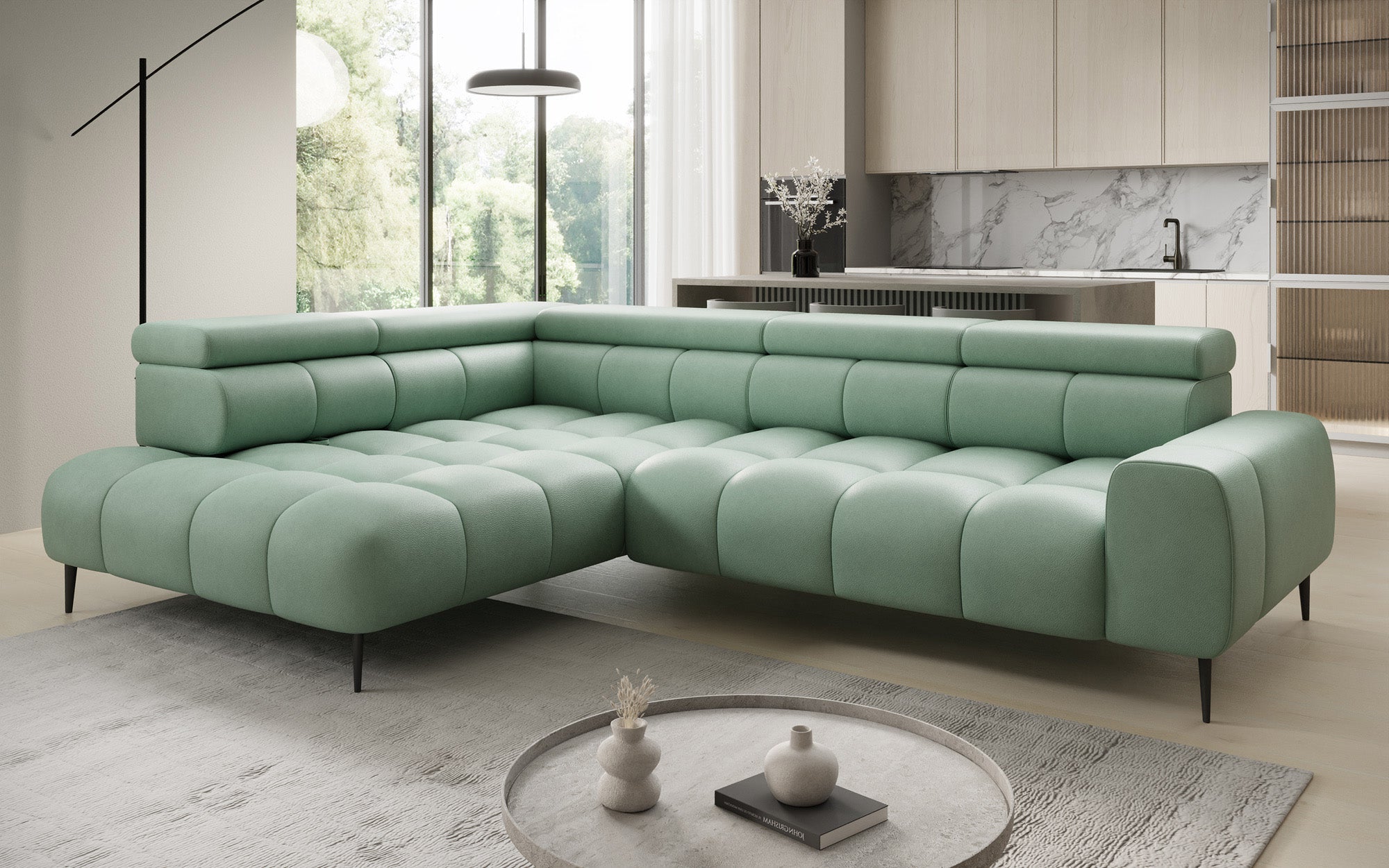 Designer Sofa Ceora L med elektrisk sovefunktion og justerbar rygstøtte i ægte læder