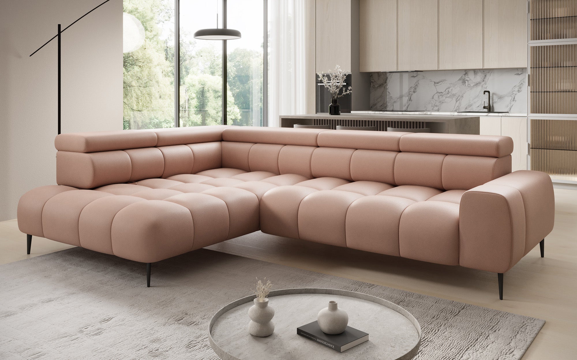 Designer Sofa Ceora L med elektrisk sovefunktion og justerbar rygstøtte i ægte læder