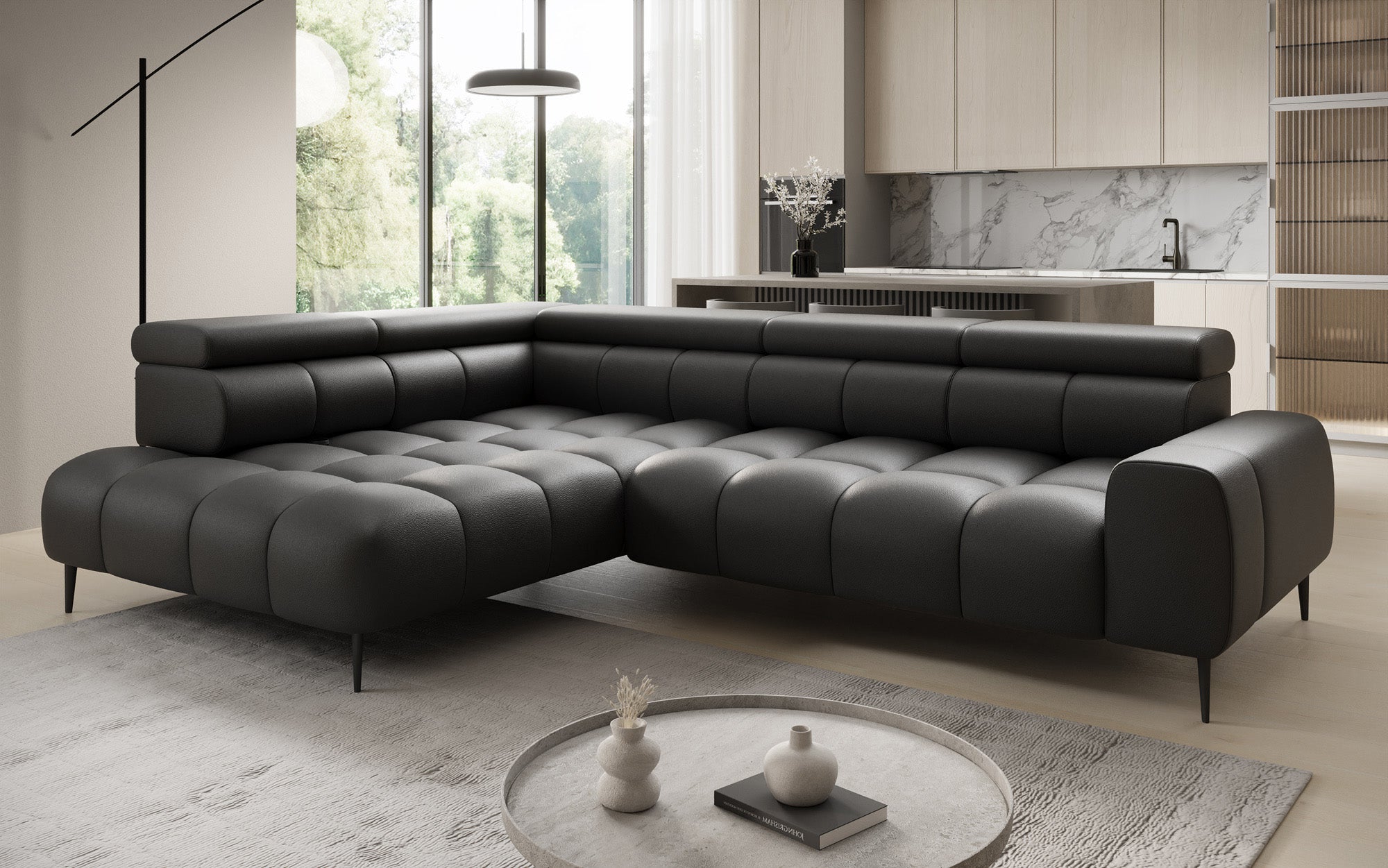 Designer Sofa Ceora L med elektrisk sovefunktion og justerbar rygstøtte i ægte læder