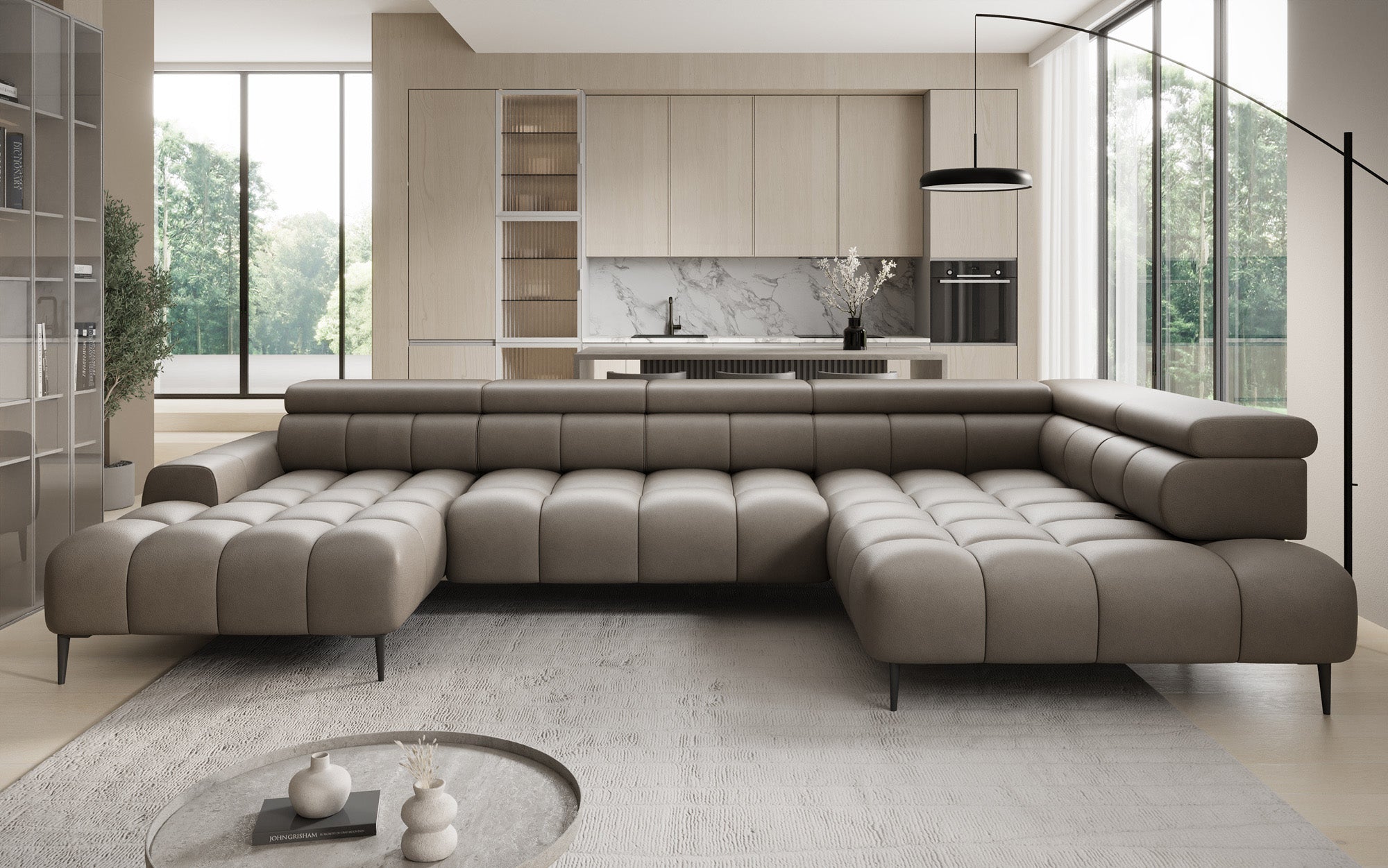 Designer Sofa Ceora U med elektrisk sovefunktion og justerbar rygstøtte i ægte læder