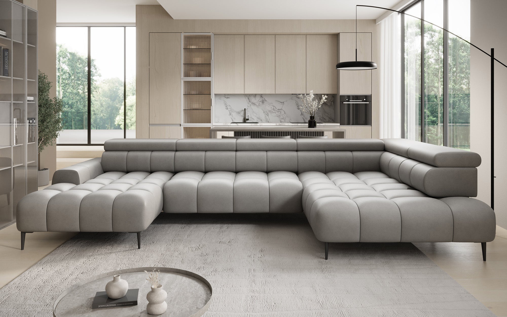 Designer Sofa Ceora U med elektrisk sovefunktion og justerbar rygstøtte i ægte læder