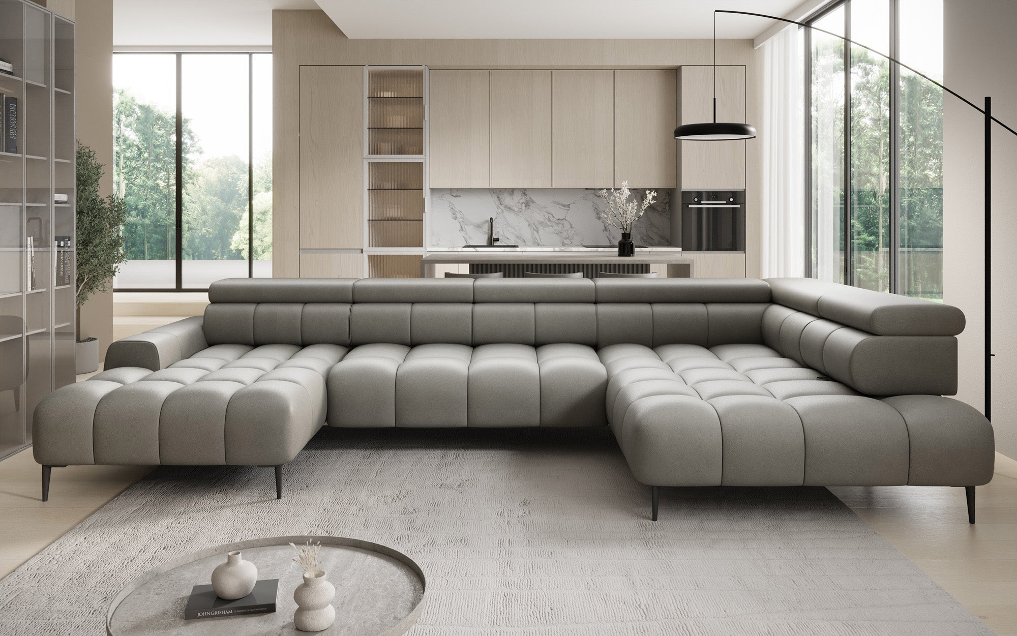 Designer Sofa Ceora U med elektrisk sovefunktion og justerbar rygstøtte i ægte læder