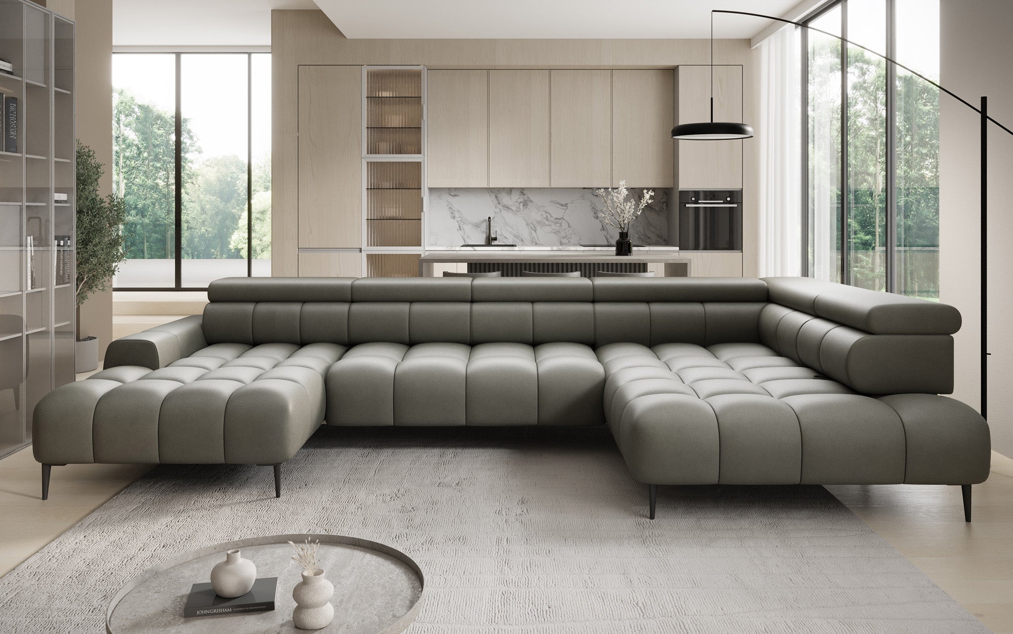 Designer Sofa Ceora U med elektrisk sovefunktion og justerbar rygstøtte i ægte læder