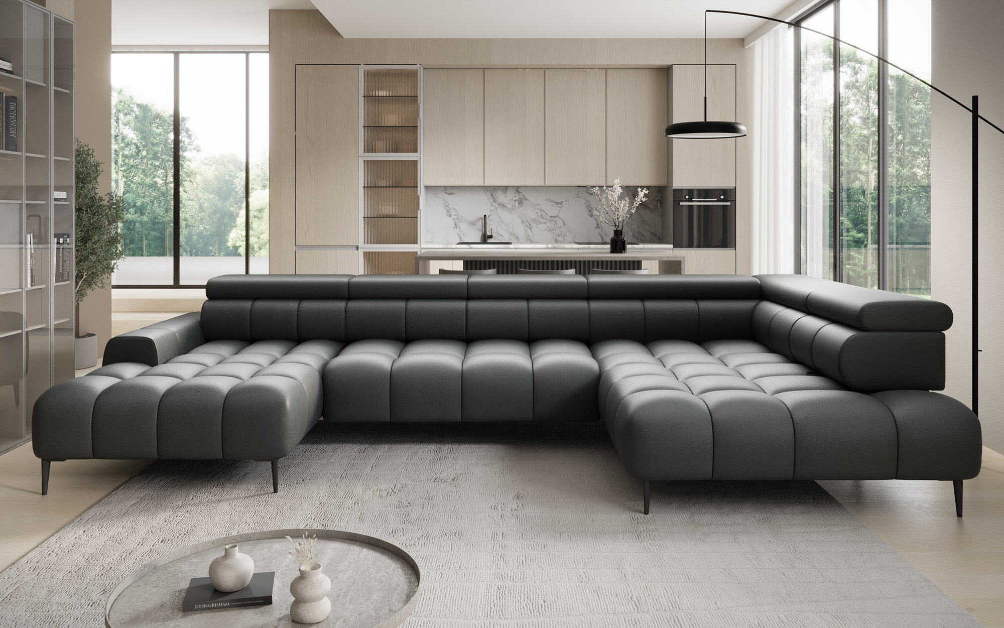 Designer Sofa Ceora U med elektrisk sovefunktion og justerbar rygstøtte i ægte læder