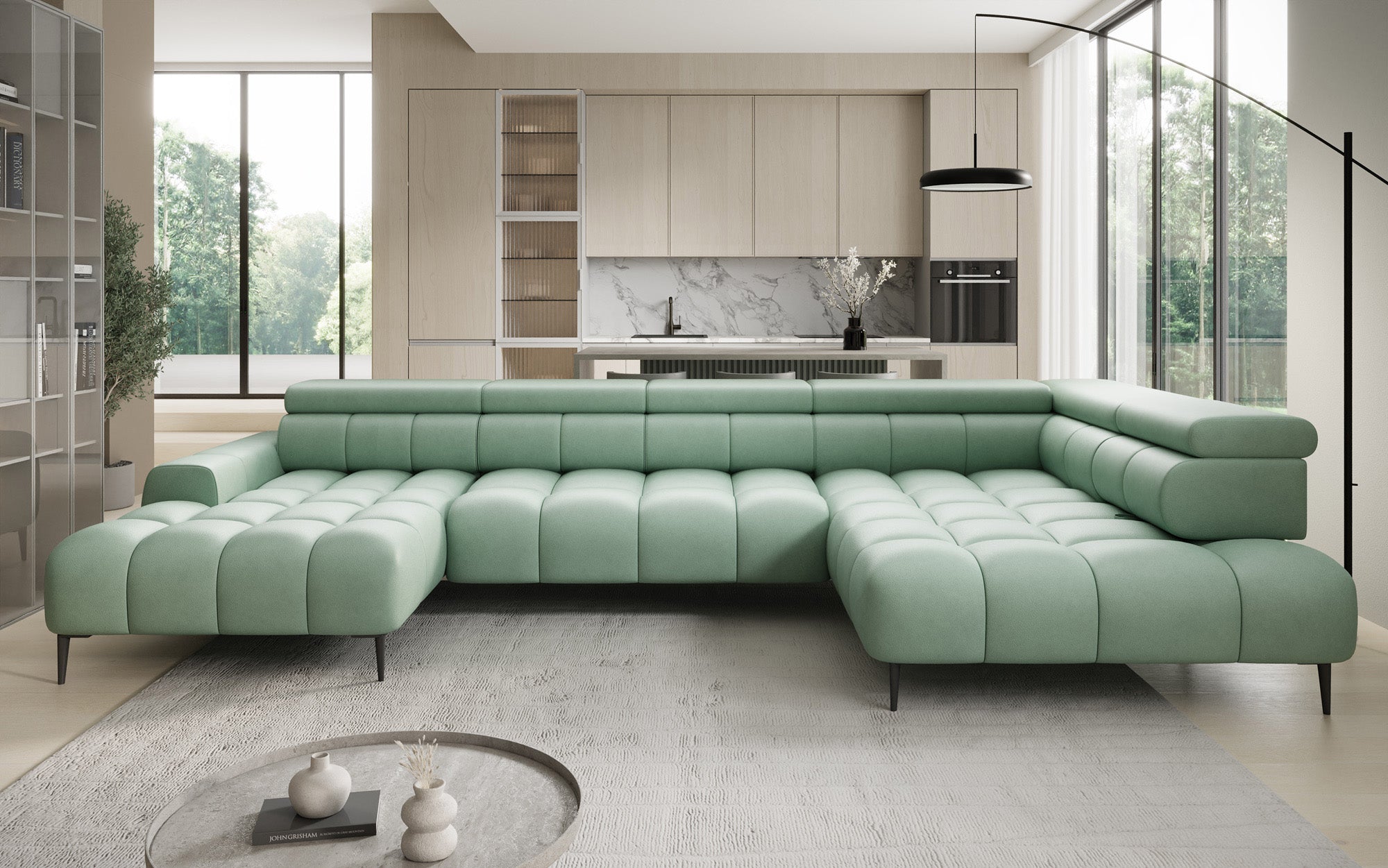 Designer Sofa Ceora U med elektrisk sovefunktion og justerbar rygstøtte i ægte læder