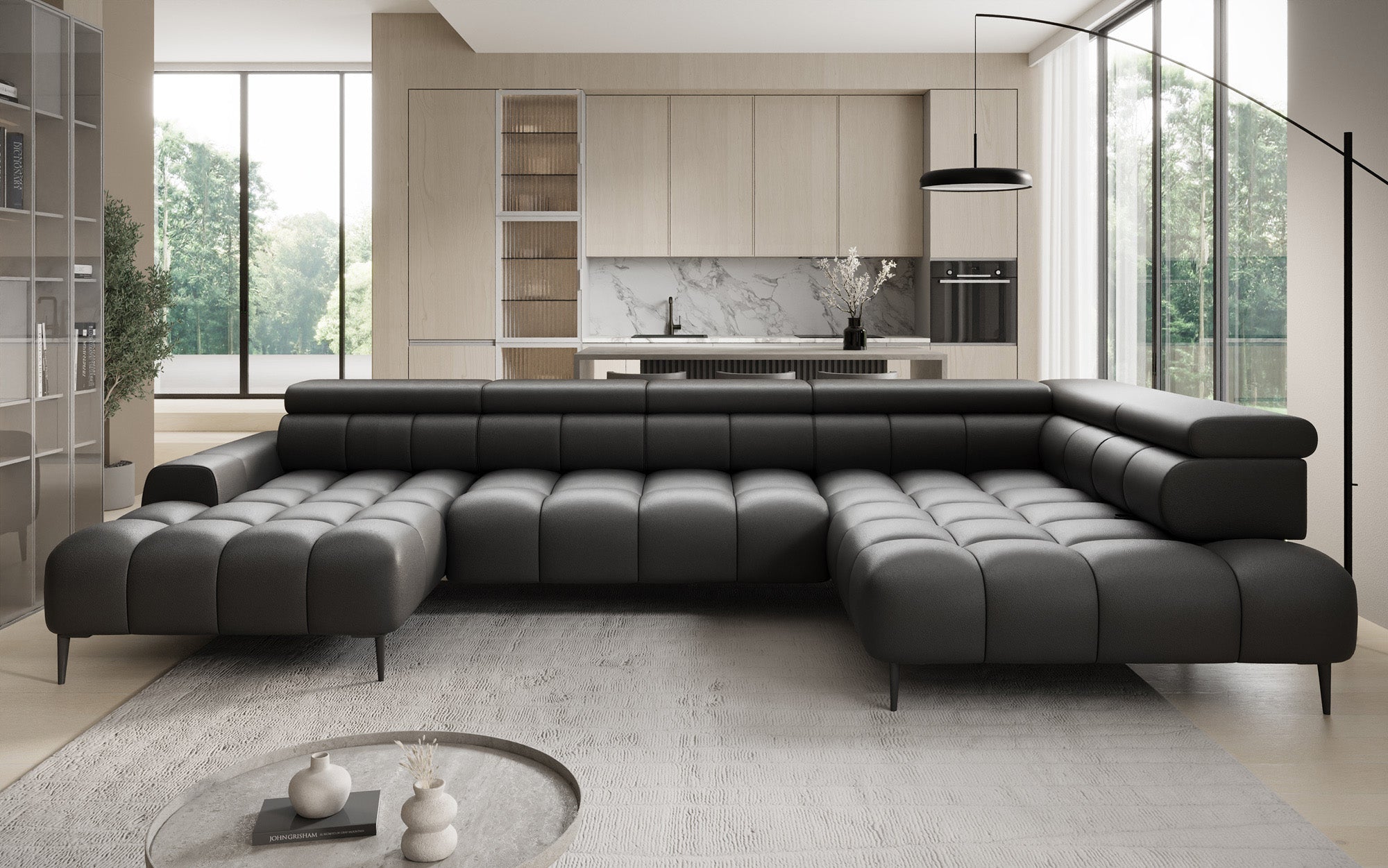 Designer Sofa Ceora U med elektrisk sovefunktion og justerbar rygstøtte i ægte læder