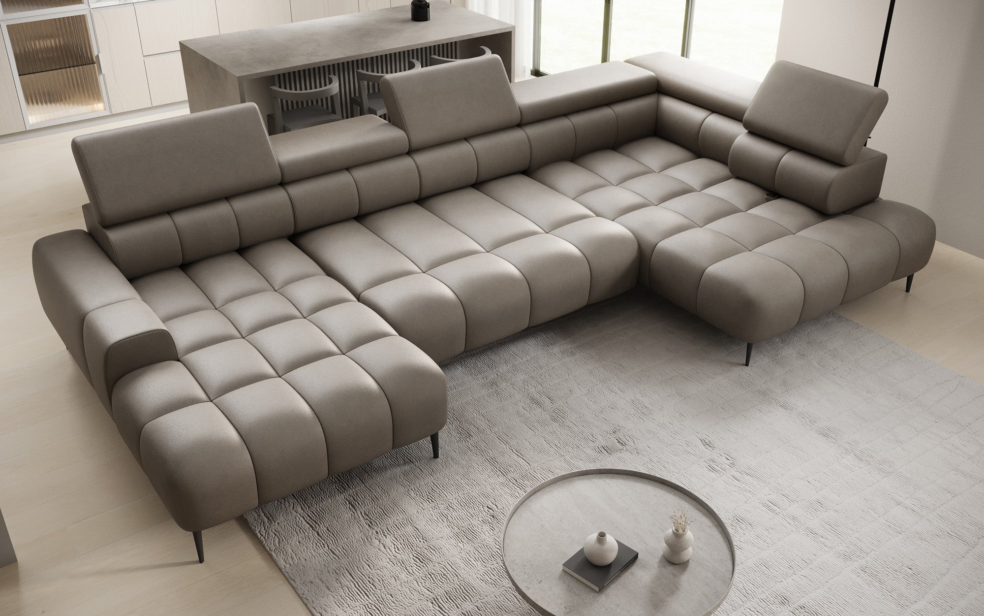 Designer Sofa Ceora U med elektrisk sovefunktion og justerbar rygstøtte i ægte læder