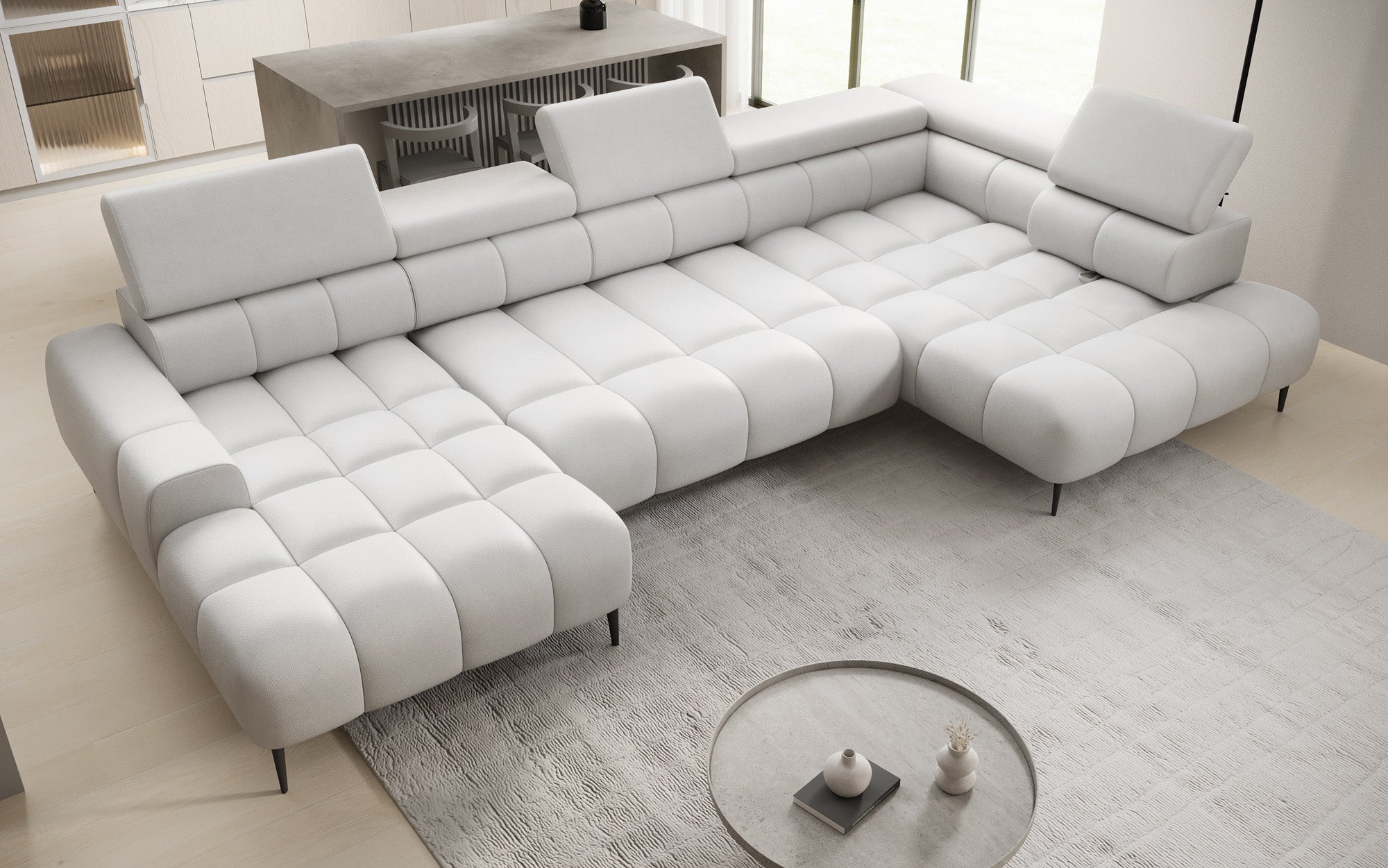 Designer Sofa Ceora U med elektrisk sovefunktion og justerbar rygstøtte i ægte læder