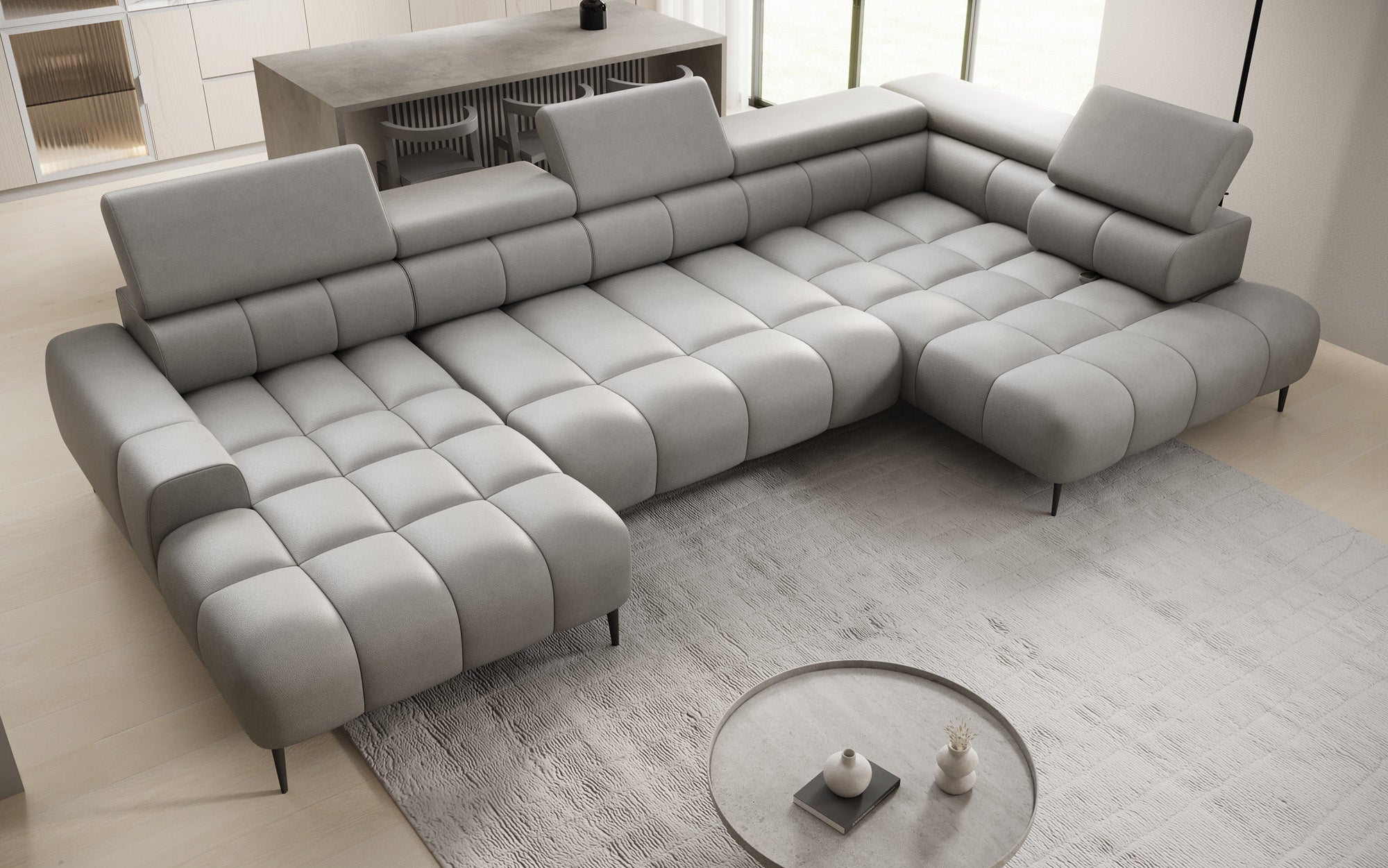 Designer Sofa Ceora U med elektrisk sovefunktion og justerbar rygstøtte i ægte læder