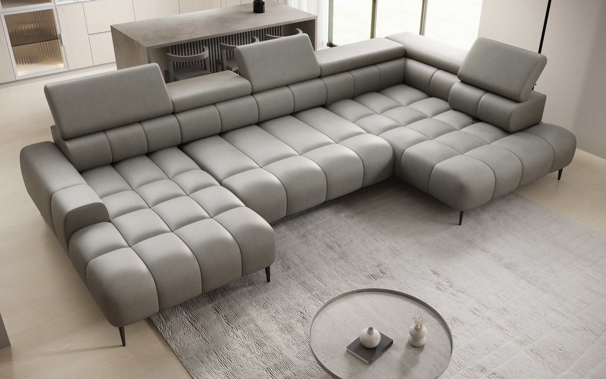 Designer Sofa Ceora U med elektrisk sovefunktion og justerbar rygstøtte i ægte læder
