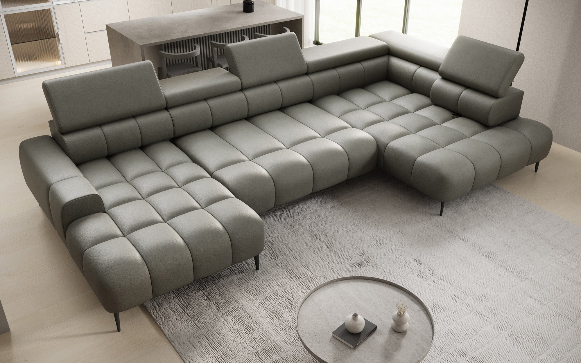 Designer Sofa Ceora U med elektrisk sovefunktion og justerbar rygstøtte i ægte læder