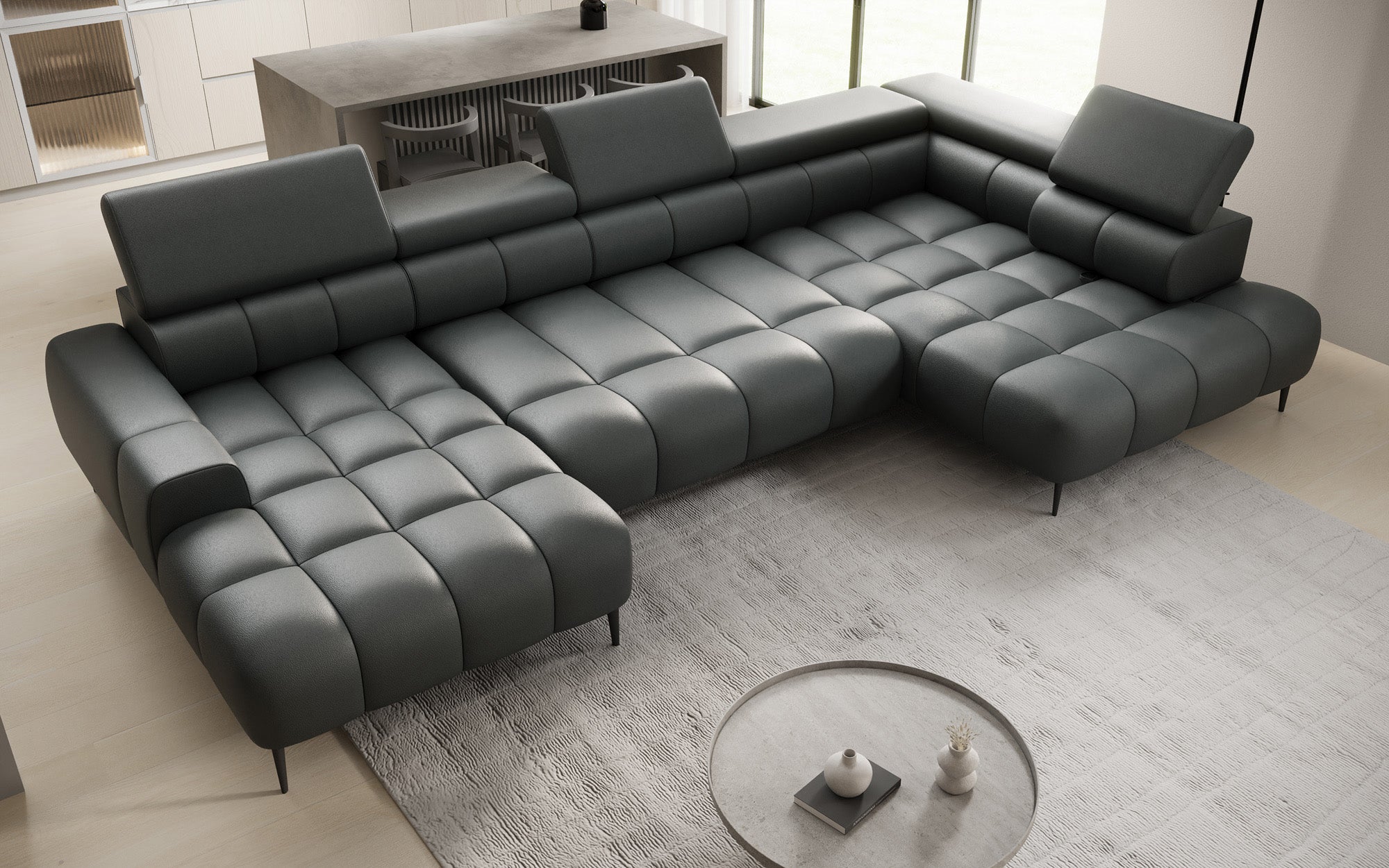 Designer Sofa Ceora U med elektrisk sovefunktion og justerbar rygstøtte i ægte læder