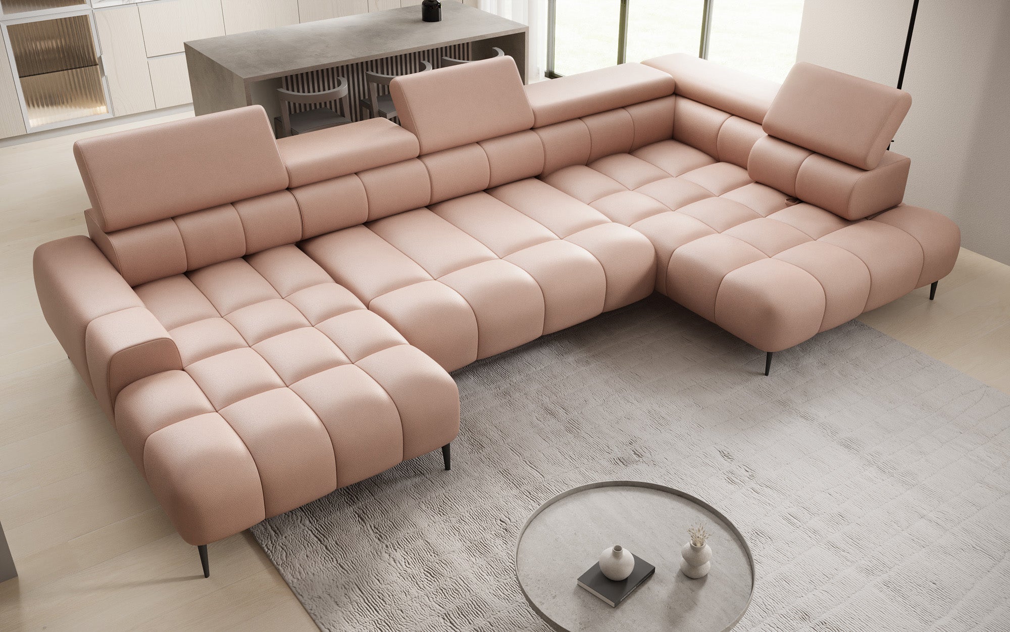 Designer Sofa Ceora U med elektrisk sovefunktion og justerbar rygstøtte i ægte læder