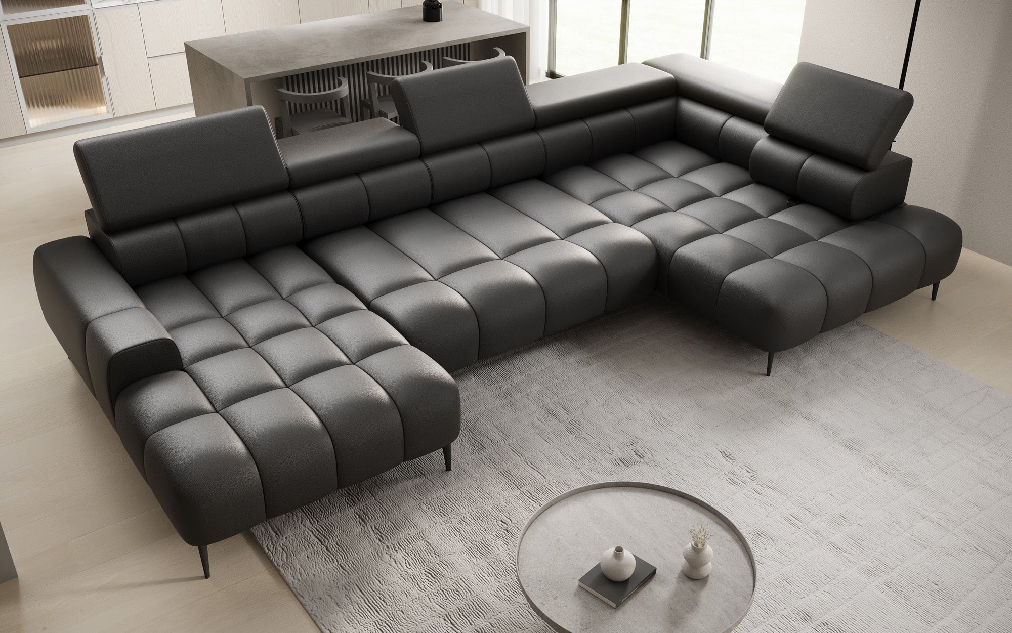 Designer Sofa Ceora U med elektrisk sovefunktion og justerbar rygstøtte i ægte læder