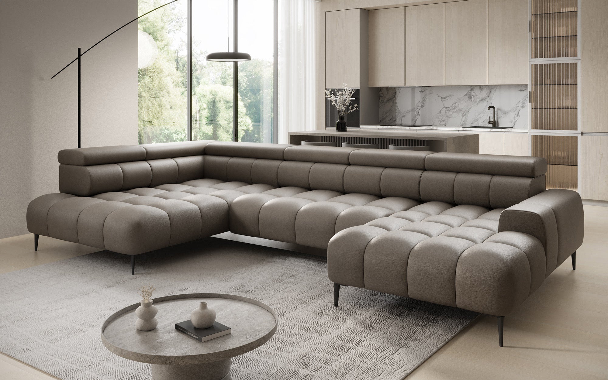Designer Sofa Ceora U med elektrisk sovefunktion og justerbar rygstøtte i ægte læder