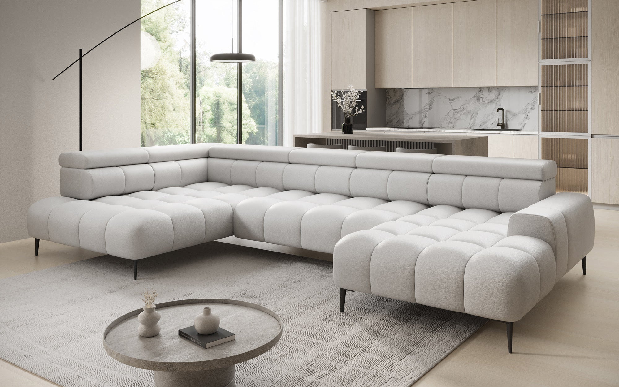 Designer Sofa Ceora U med elektrisk sovefunktion og justerbar rygstøtte i ægte læder