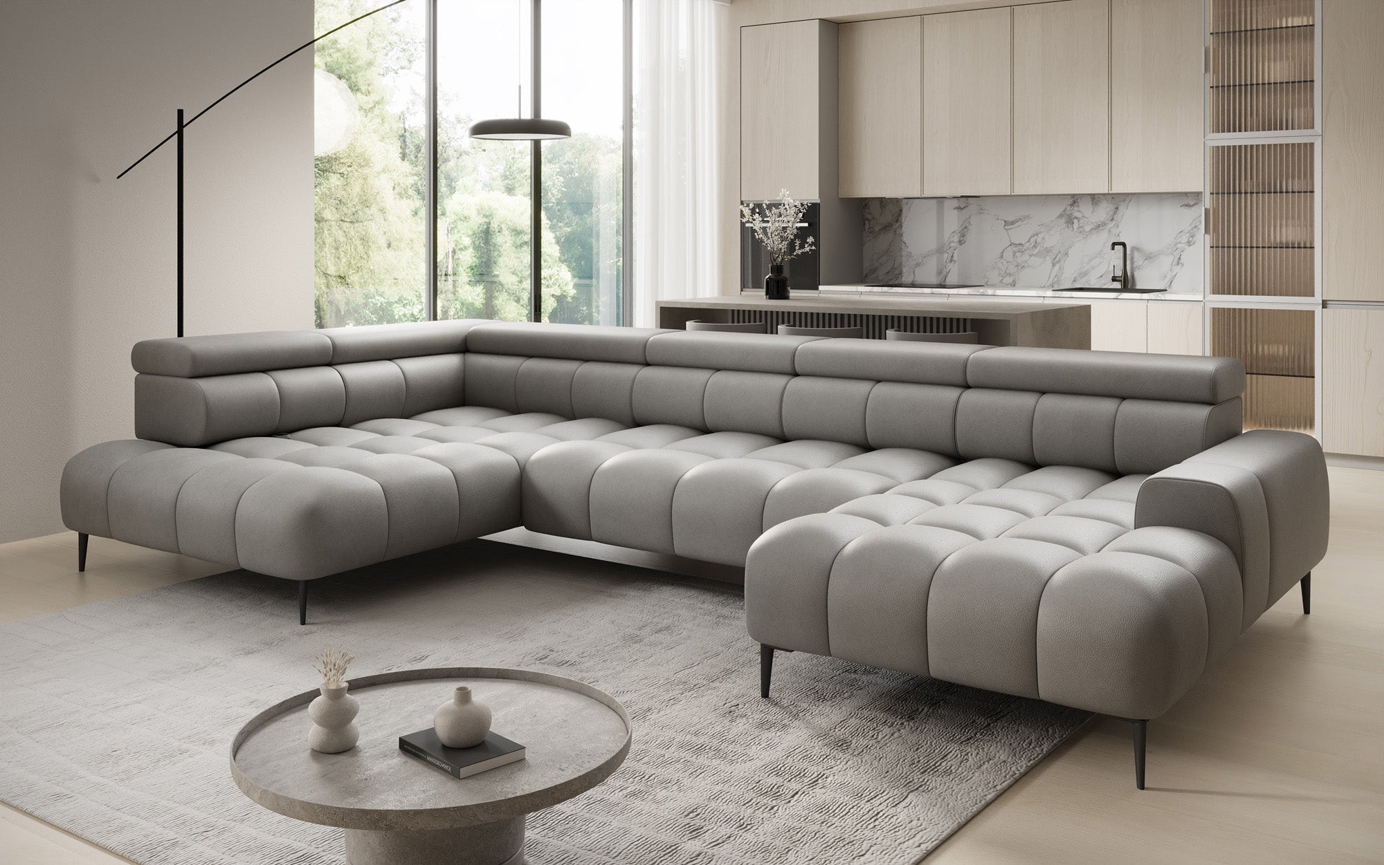Designer Sofa Ceora U med elektrisk sovefunktion og justerbar rygstøtte i ægte læder
