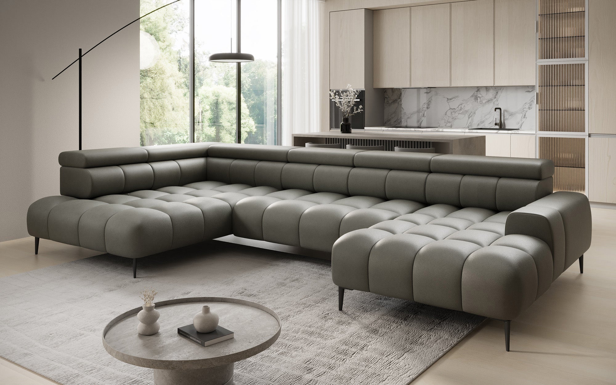 Designer Sofa Ceora U med elektrisk sovefunktion og justerbar rygstøtte i ægte læder